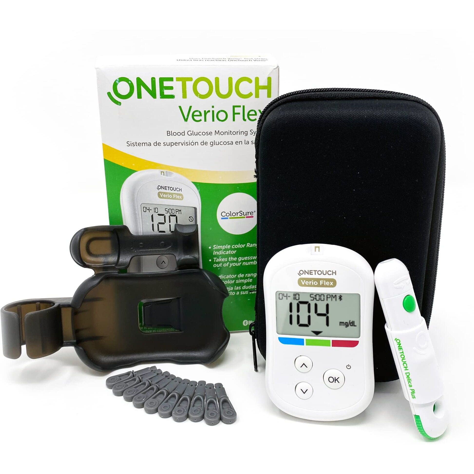 Onetouch Verio Flex Blood Glucose Meter | Glucose Monitor For Blood Sugar Test Kit | Includes Blood Glucose Monitor, Lancing Device, 10 Sterile Lancets, And Carrying Case