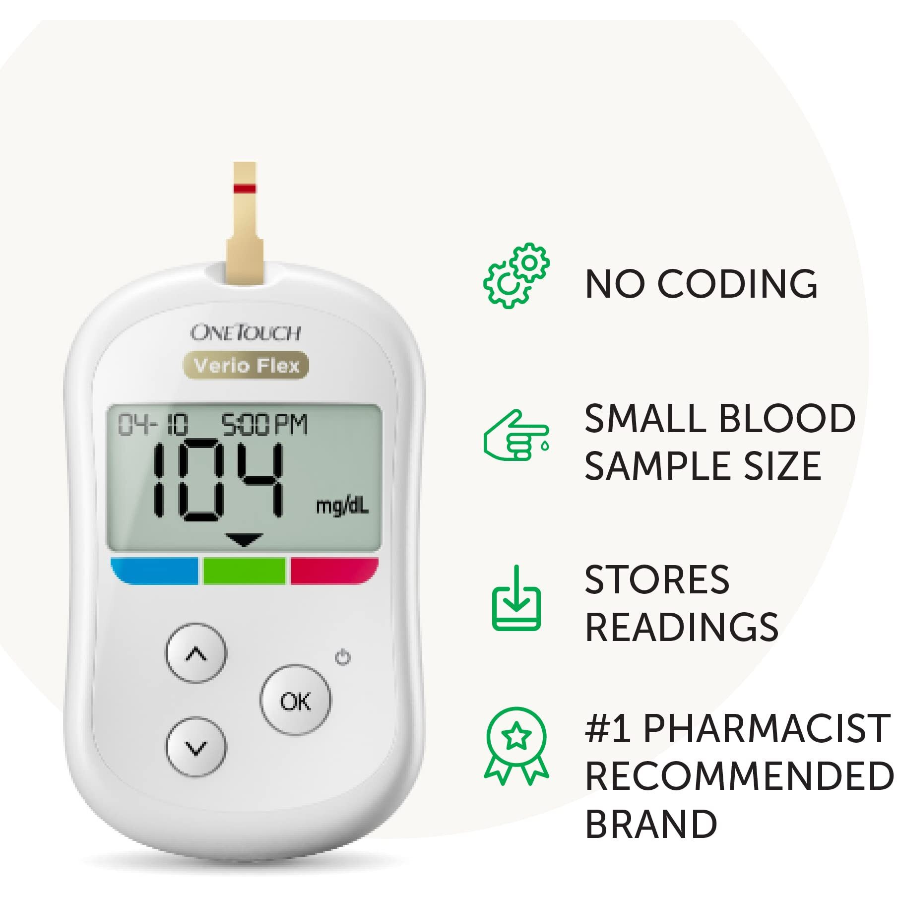 Onetouch Verio Flex Blood Glucose Meter | Glucose Monitor For Blood Sugar Test Kit | Includes Blood Glucose Monitor, Lancing Device, 10 Sterile Lancets, And Carrying Case