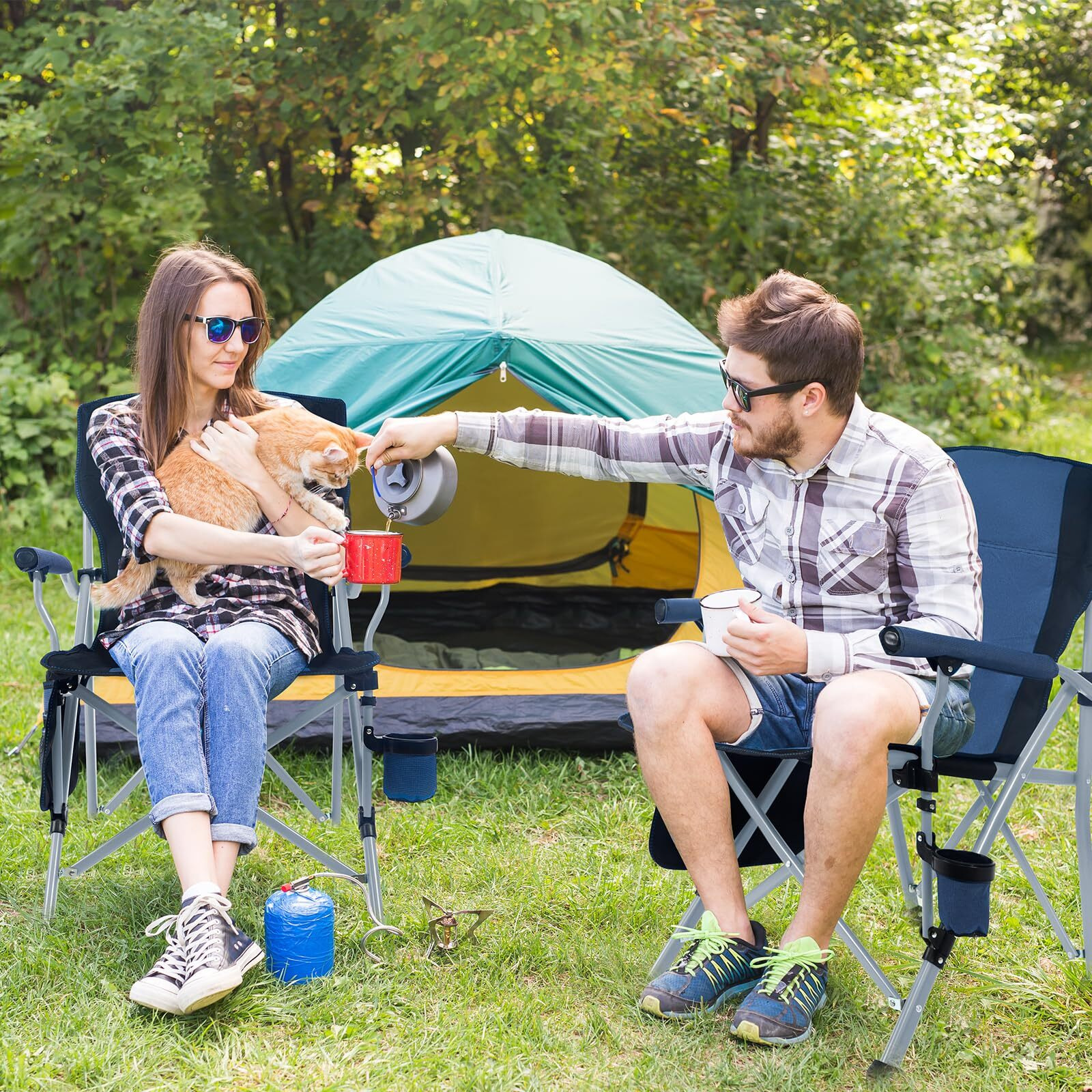 Outdoor Portable Camping Chair, Lightweight Folding Camping Chair, Heavy Duty Support 330 Lbs, High Back Padded Lawn Chair With Arm Rest Cup Holder And Portable Carrying Bag(Blue)