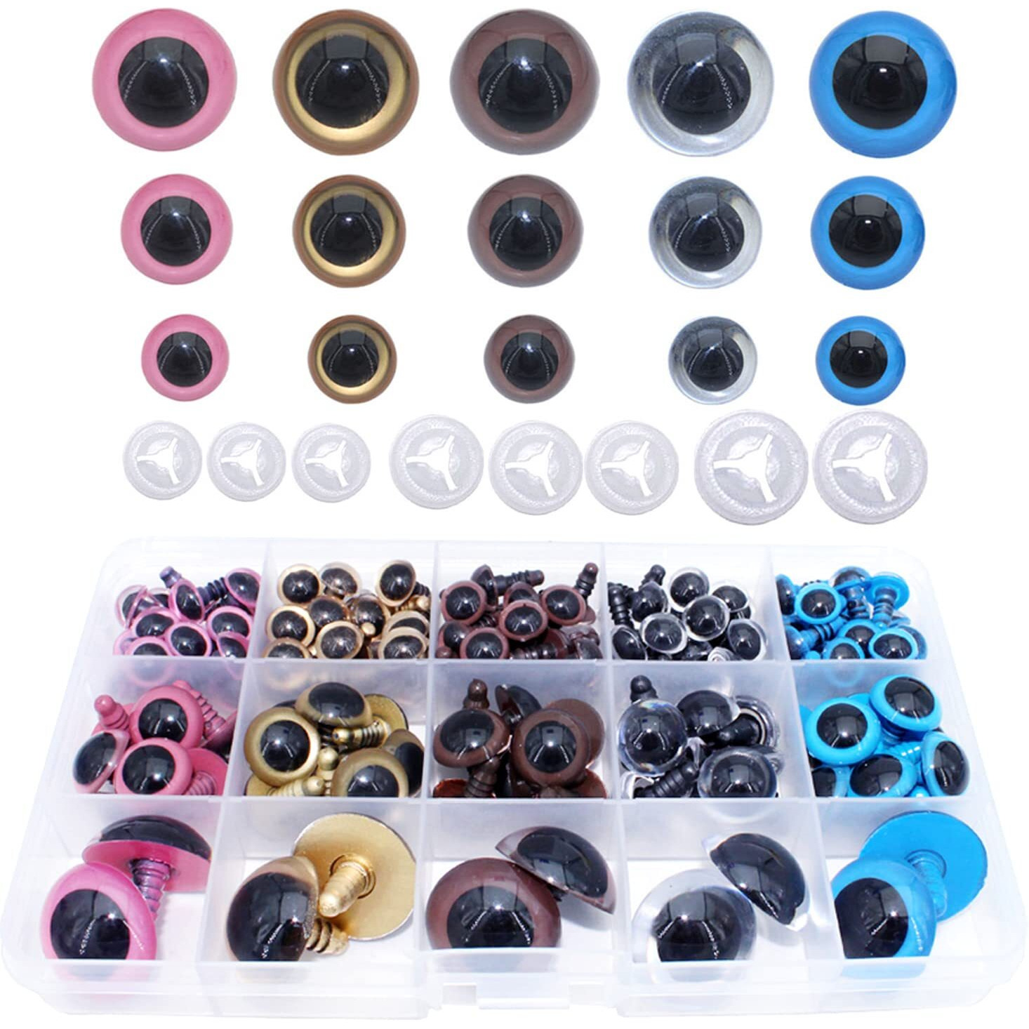 Bestcyc 1Box(80Pcs) 3Size - 10Mm/15Mm/24Mm 5Colors Threaded Shank Design Plastic Safety Eyes Craft Eyes With Washers For Crafts Diy Amigurumi Stuffed Animal, Toy, Doll Diy Making Supplies