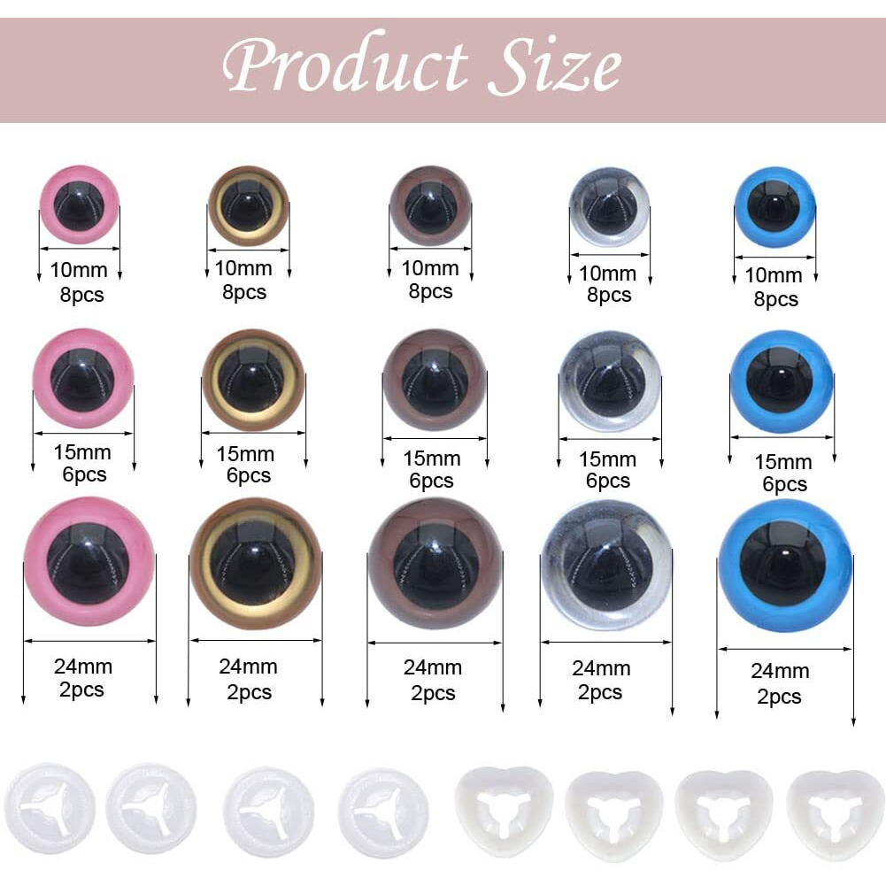 Bestcyc 1Box(80Pcs) 3Size - 10Mm/15Mm/24Mm 5Colors Threaded Shank Design Plastic Safety Eyes Craft Eyes With Washers For Crafts Diy Amigurumi Stuffed Animal, Toy, Doll Diy Making Supplies