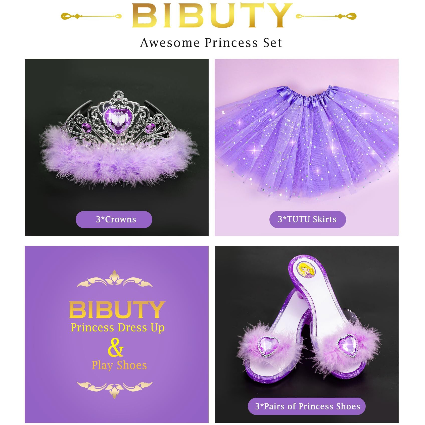 Princess Dress Up Shoes Princess Dresses For Girls, Bibuty Dress Up Clothes Pretend Play Costumes-3 Sets Of Princess Shoes, Dresses And Crowns, Princess Accessory Toys For 3-6 Yr Girl Birthday Gifts