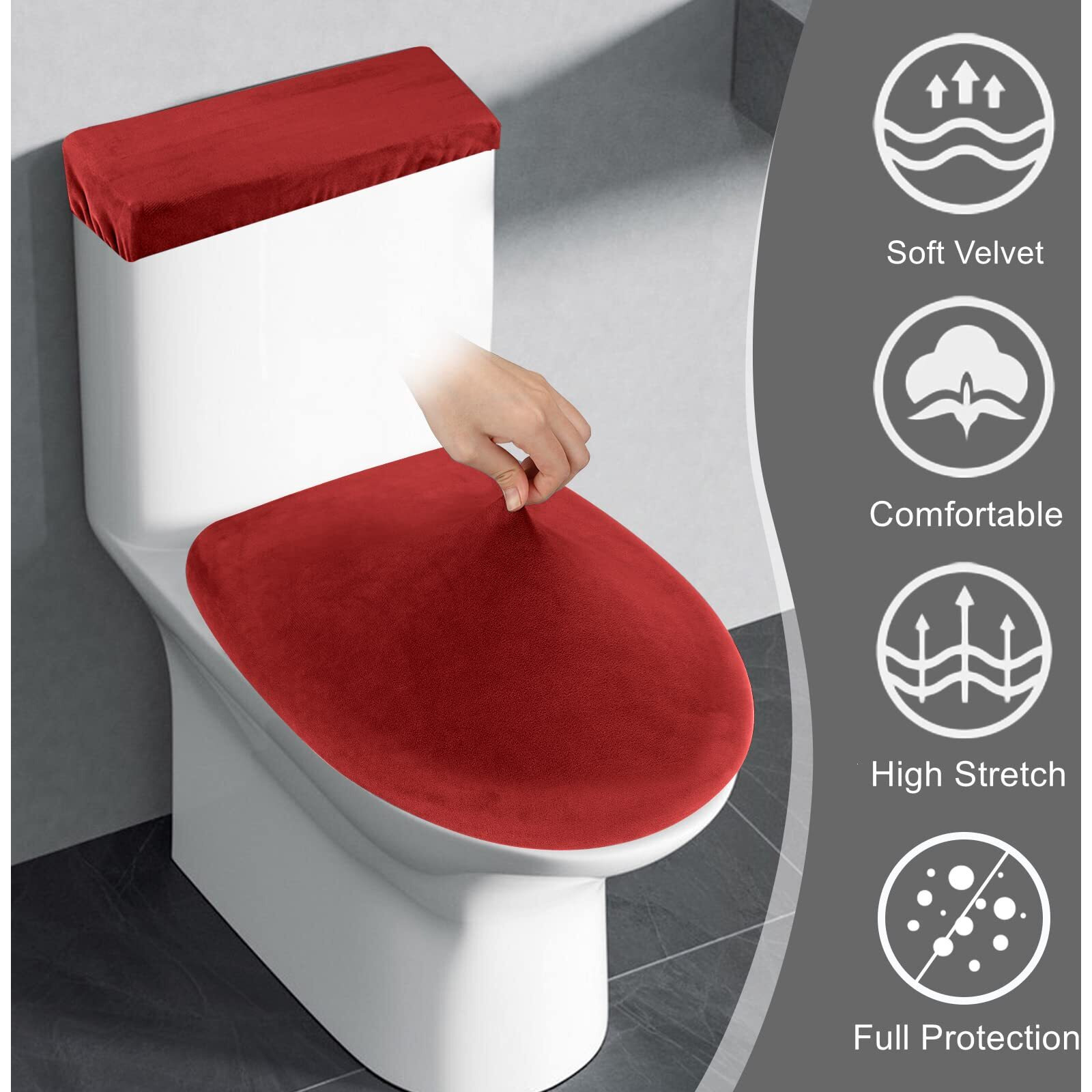 Stretch Velvet Toilet Lid Cover And Toilet Tank Lid Cover, Bathroom Super Soft Velvet Toilet Seat Cover Set Luxury Velvet Plush, With Elastic Bottom, Machine Wash, Red
