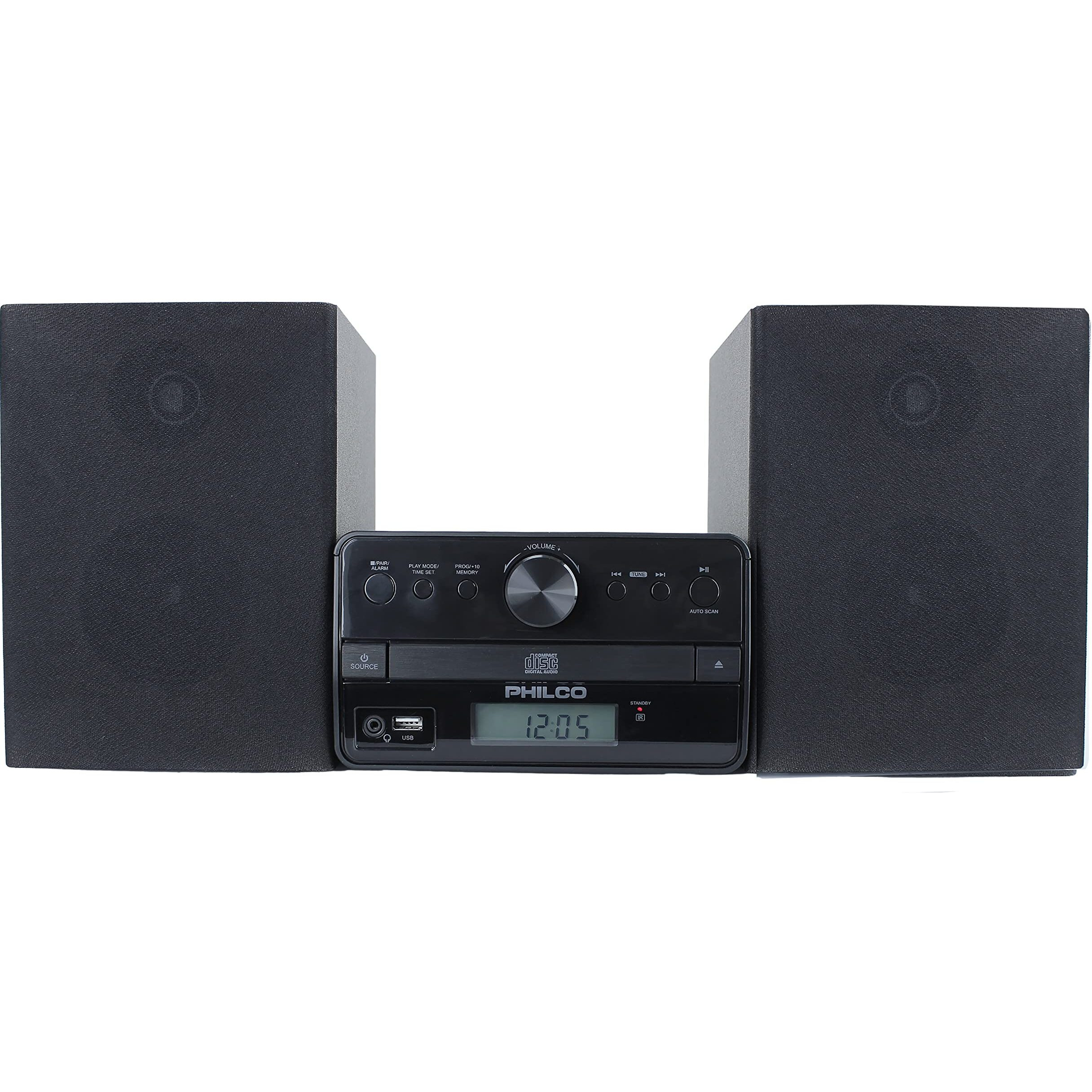 Philco Stereo Shelf Systems Tray Loading Cd Player With Digital Fm Radio, Bluetooth Streaming, Remote Control In Black | Lcd Display | 3.5Mm Headphone Jack | Mp3 & Aux Port Compatible
