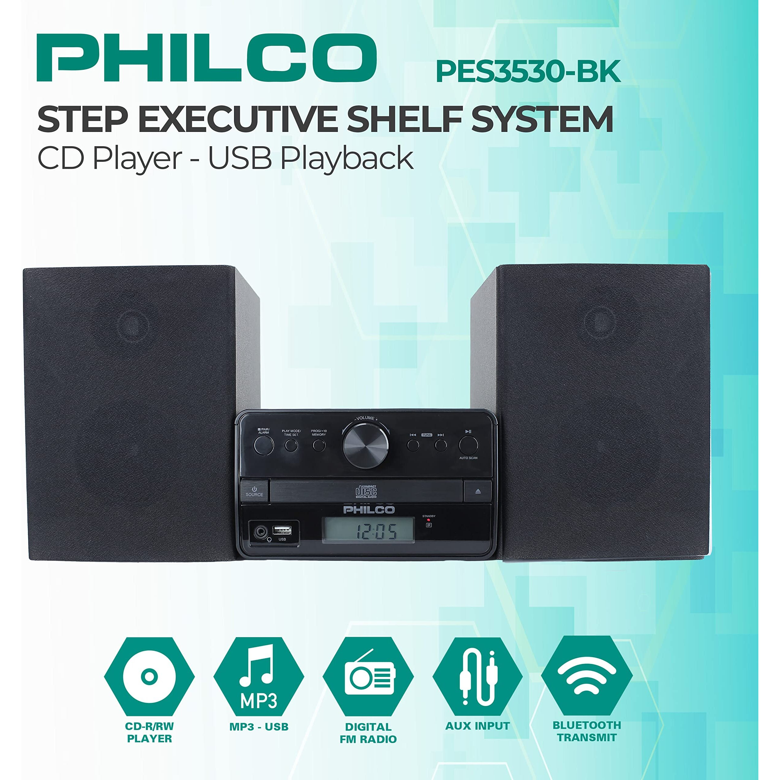 Philco Stereo Shelf Systems Tray Loading Cd Player With Digital Fm Radio, Bluetooth Streaming, Remote Control In Black | Lcd Display | 3.5Mm Headphone Jack | Mp3 & Aux Port Compatible