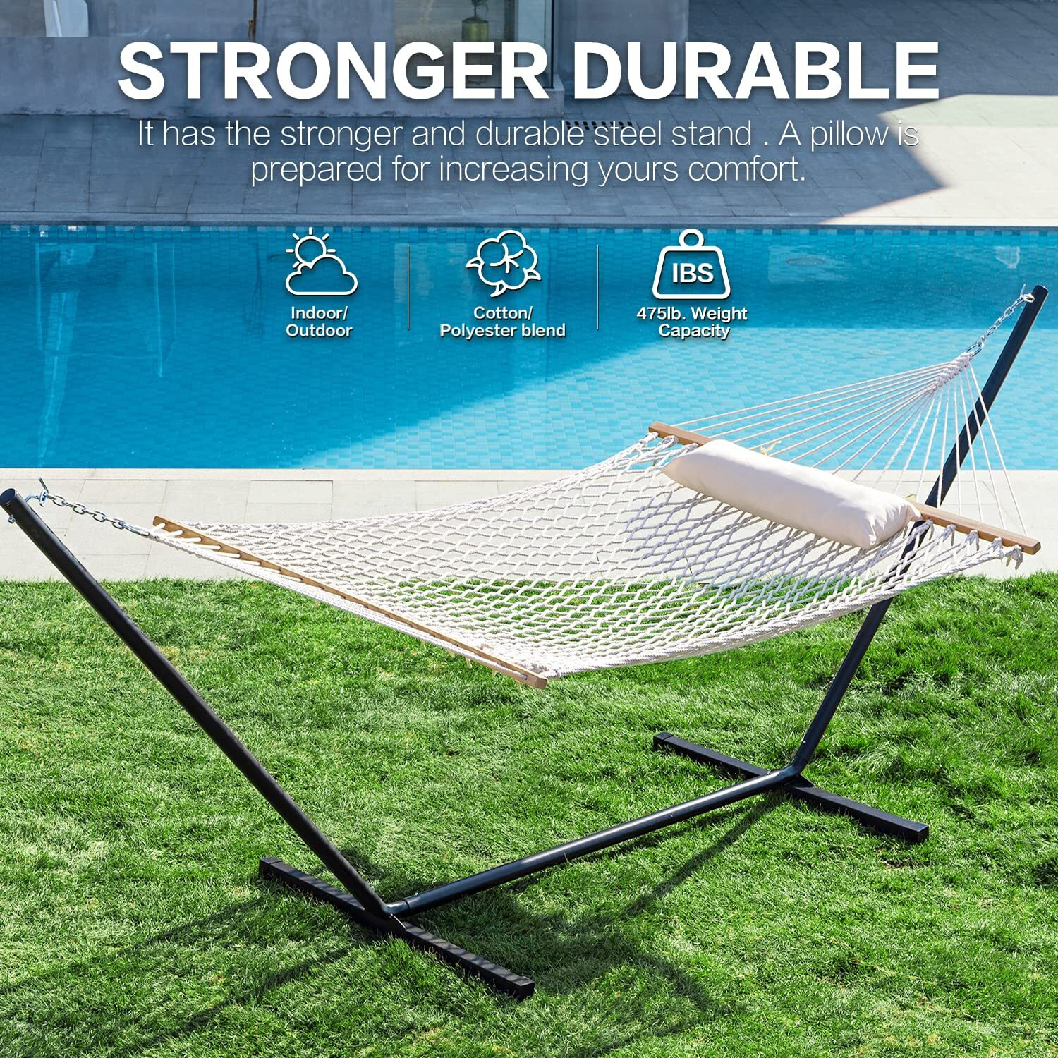 Pnaeut Double Rope Hammock With Stand Included, 12Ft Heavy Duty Stand, 2 Person Traditional Cotton Rope Hammocks With Pillow For Outside Porch Patio Backyard Outdoor, Max 475Lbs Capacity (Burlywood)
