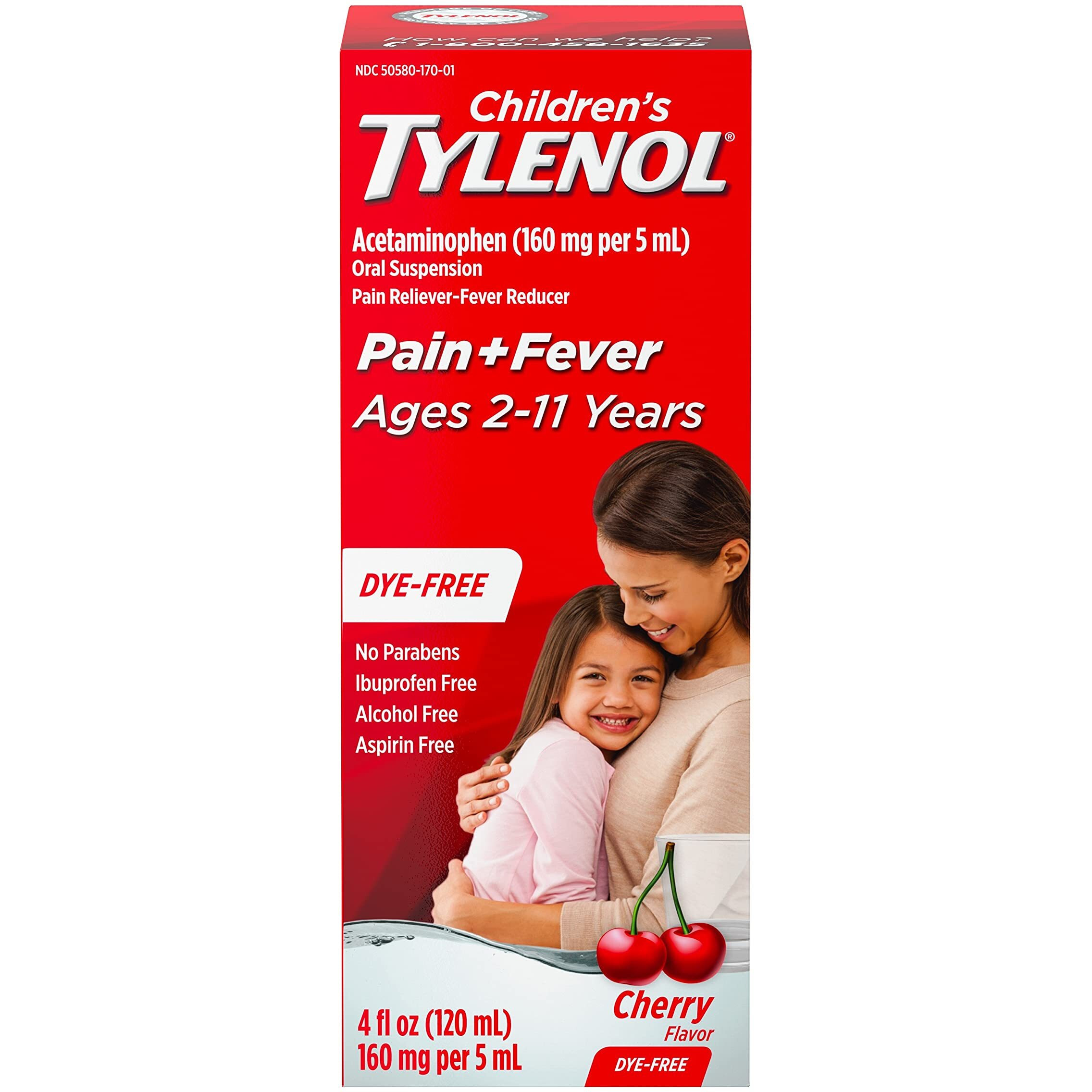Children's Tylenol Oral Suspension Acetaminophen Medicine, Dye-Free Cherry, 4 Fl. Oz