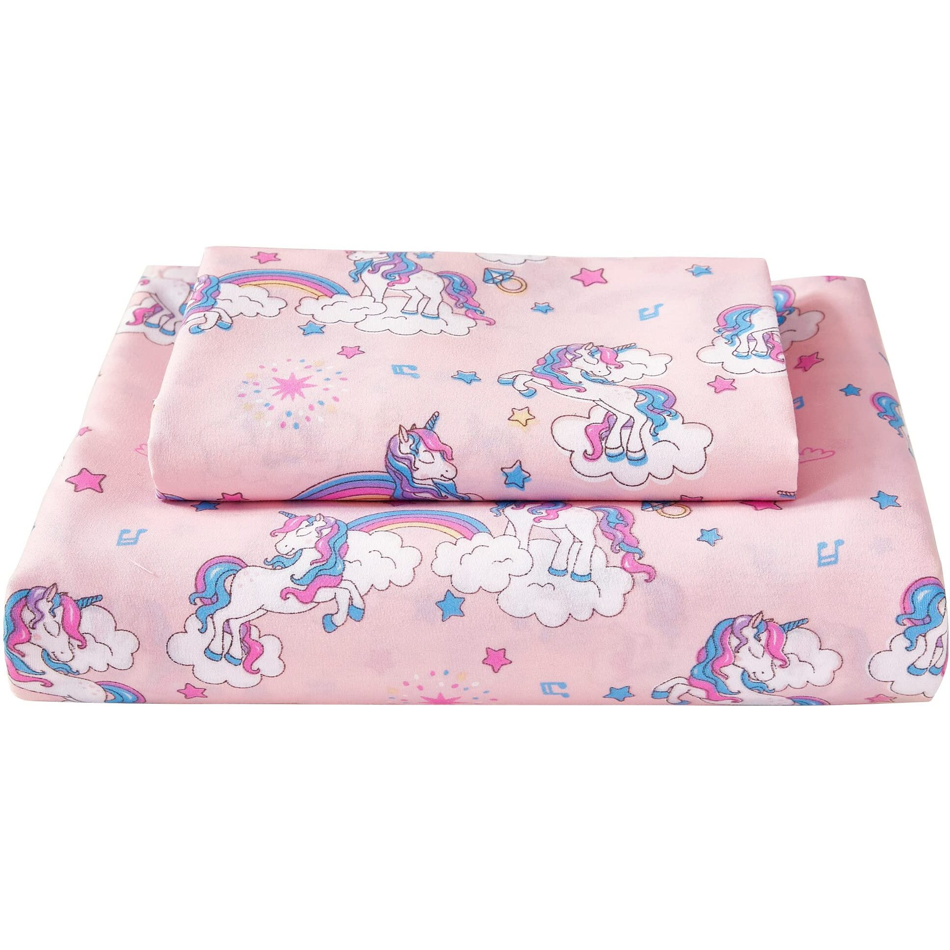 Softan Bed Sheet Set For Kids Girls, Twin Size Kids Sheets Microfiber Kids Fitted Sheet, Breathable & Silky Soft Feeling Kids Sheet Set 4 Pcs Pink Unicorn Kids Full Bed Sheet