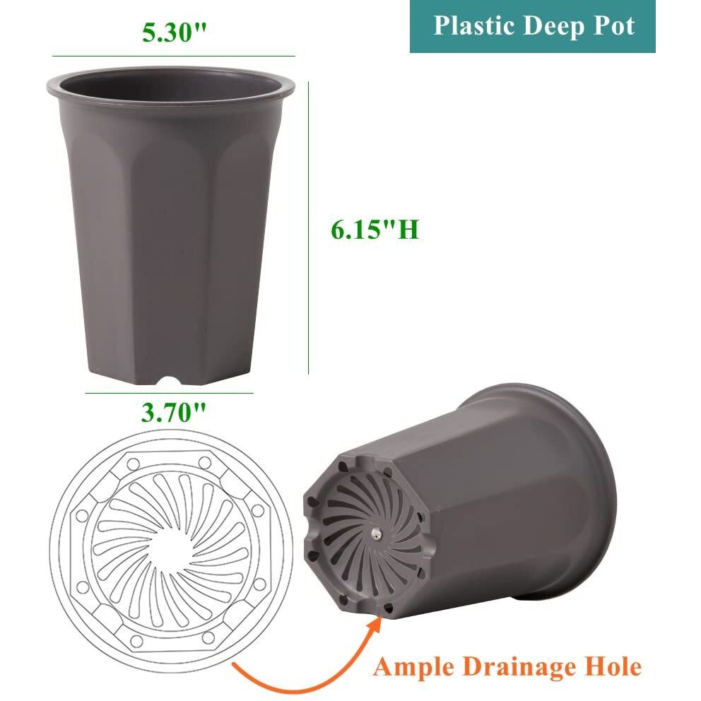 Bangqiao 10 Pack 5.30 Inch Plastic Deep Nursery And Seedling Pots, Round Transplant Seed Starter Planter, Gray Color
