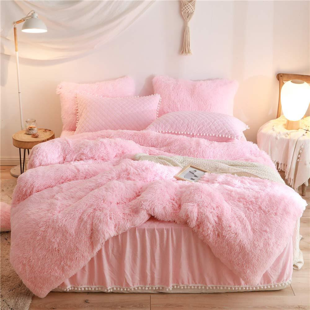Haihua Pink Fluffy Comforter Set, Fluffy Plush Shaggy Duvet Cover 2 Pieces Set (1 Faux Fur Duvet Cover + 1 Plush Pillow Cases) Velvet Pink Bedding Twin Bed Set,Zipper Closure (Pink, Twin)