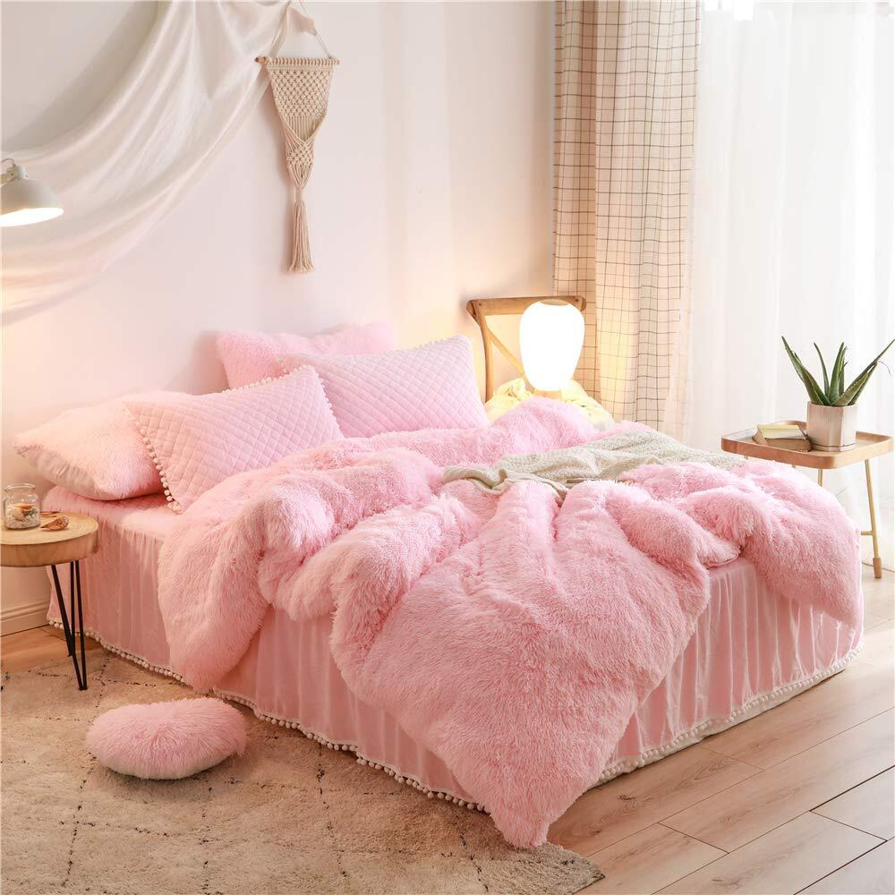 Haihua Pink Fluffy Comforter Set, Fluffy Plush Shaggy Duvet Cover 2 Pieces Set (1 Faux Fur Duvet Cover + 1 Plush Pillow Cases) Velvet Pink Bedding Twin Bed Set,Zipper Closure (Pink, Twin)