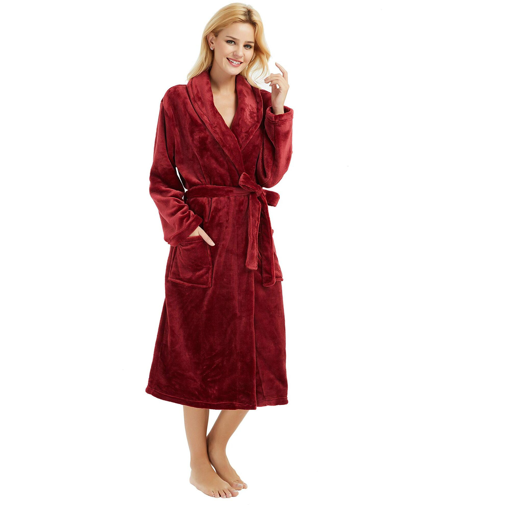 Heartnice Womens Fleece Robes, Soft Plush Long Bathrobe, Thick Kimono Robes For Womens, Warm House Coat (Wine, S/M)