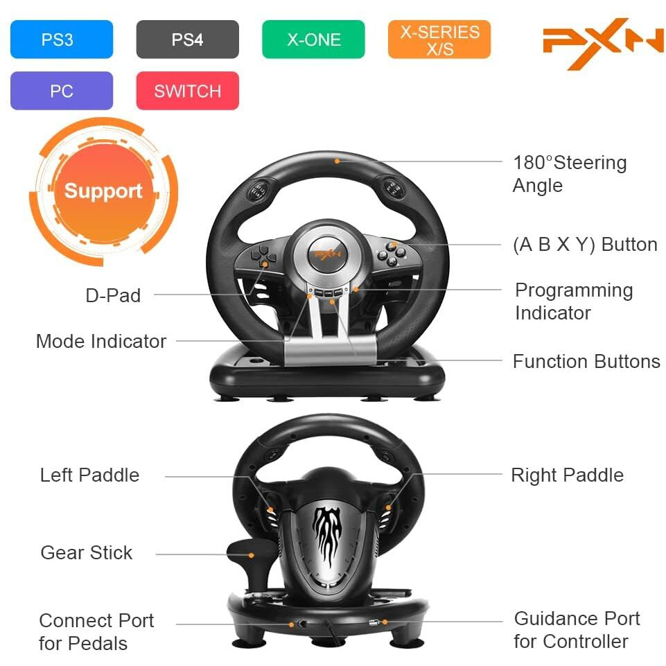 Pxn Pc Racing Wheel, V3 Pro 180 Degree Universal Usb Car Sim Game Steering Wheel With Pedals For Xbox One, Xbox Series S/X Ps3, Ps4, Switch