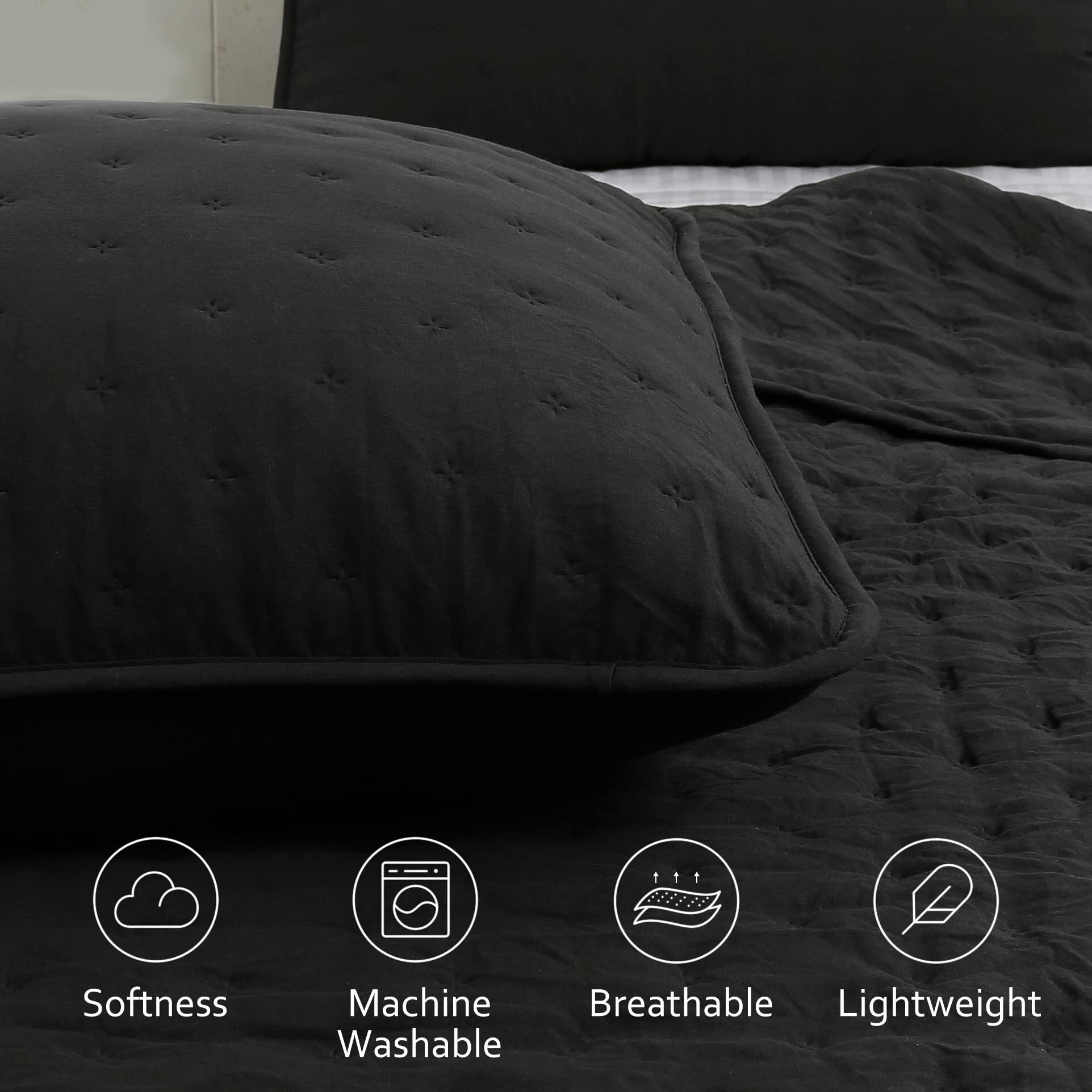 Roaringwild Black Queen Size Quilt Bedding Sets With Pillow Shams, Lightweight Soft Bedspread Coverlet, Quilted Blanket Thin Comforter Bed Cover, All Season, 3 Pieces, 90X90 Inches