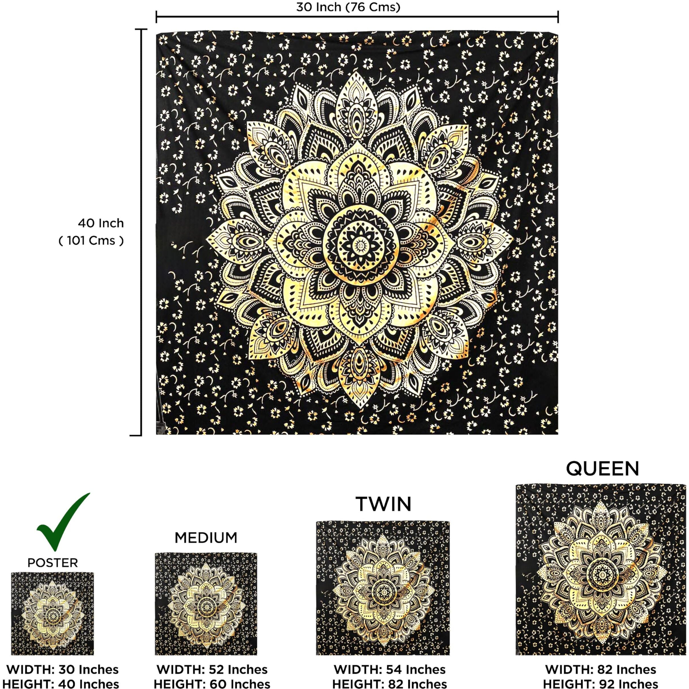 Raajsee Gold Mandala Tapestry Bedroom Aesthetic - Indie Wall Tapestry Hippie Room Decor - Boho Tapestrys -Trippy Small Tapestry Wall Hanging - Black Gold Wall Art 30X40 Inches