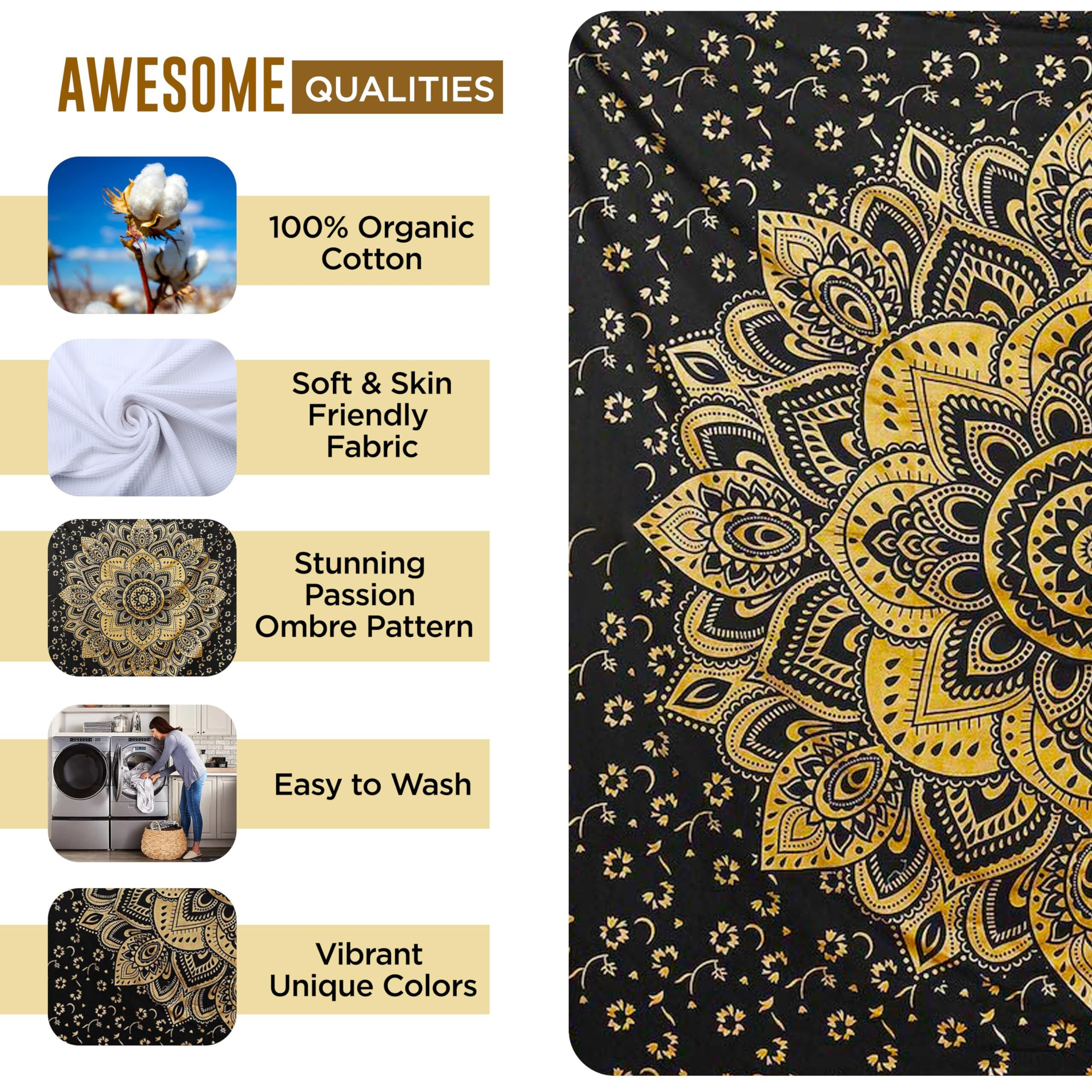 Raajsee Gold Mandala Tapestry Bedroom Aesthetic - Indie Wall Tapestry Hippie Room Decor - Boho Tapestrys -Trippy Small Tapestry Wall Hanging - Black Gold Wall Art 30X40 Inches