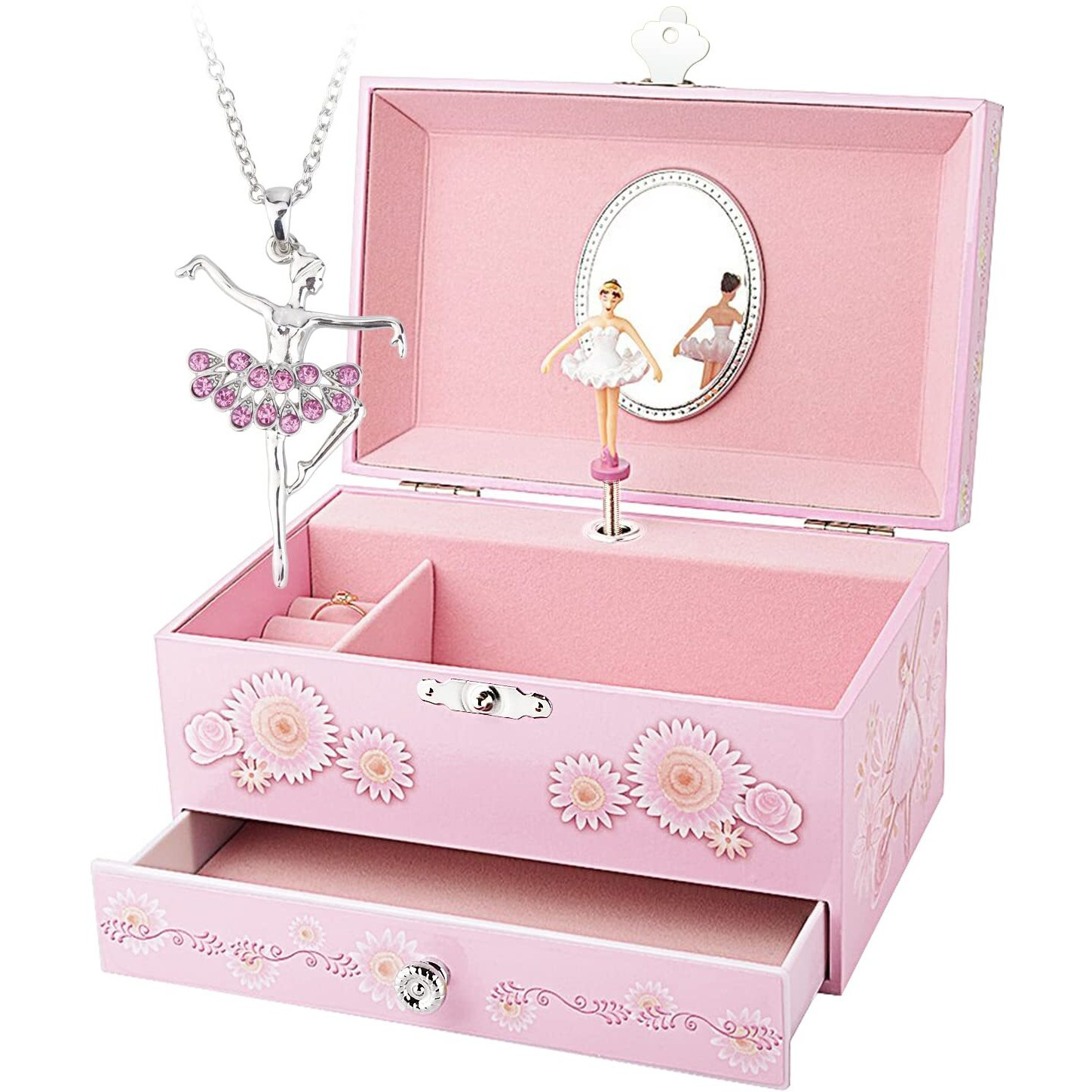 Rr Round Rich Design Kids Musical Jewelry Box For Girls With Drawer And Jewelry Set With Ballerina Theme - Swan Lake Tune Pink