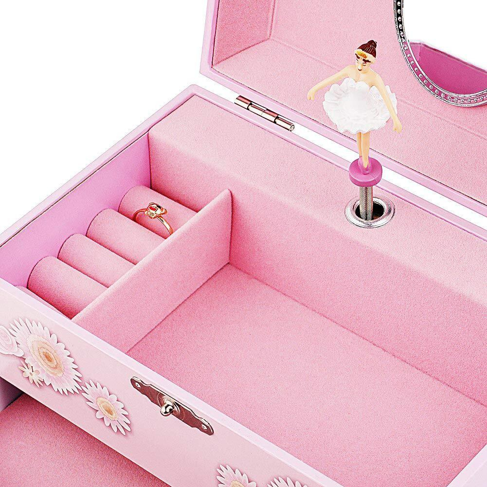 Rr Round Rich Design Kids Musical Jewelry Box For Girls With Drawer And Jewelry Set With Ballerina Theme - Swan Lake Tune Pink