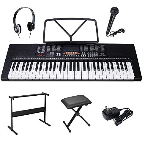 Saturnpower 61-Key Portable Electronic Keyboard Piano With Built In Speakers, Headphones, Microphone, Dual Power Supply, Piano Stand, Music Sheet Stand And Stool For Beginner (Kid & Adult) Black