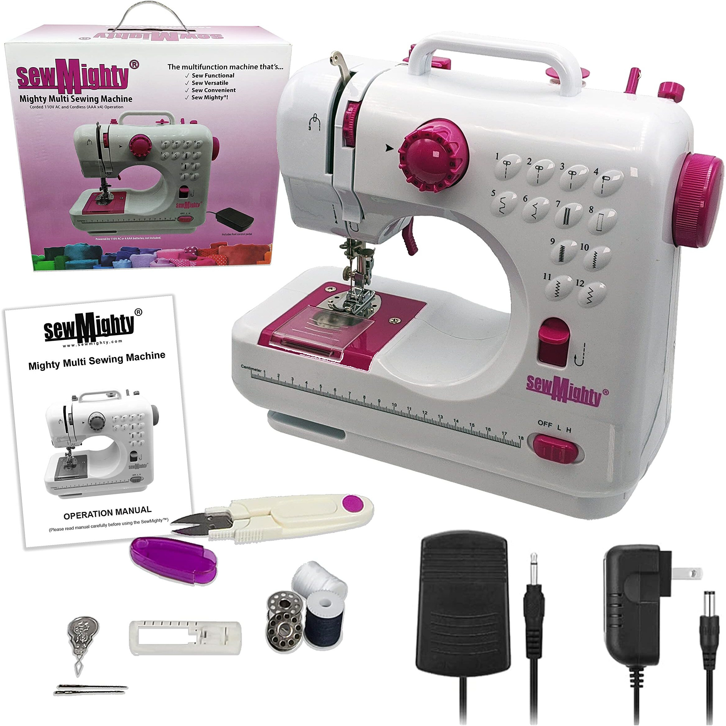 Sew Mighty Mini Sewing Machine - Portable, Battery & Ac Powered, 12 Programmed Stitch Patterns, Dual Speed - Sews Forward & Reverse, Ac Power Or Battery Operated - Includes Foot Pedal