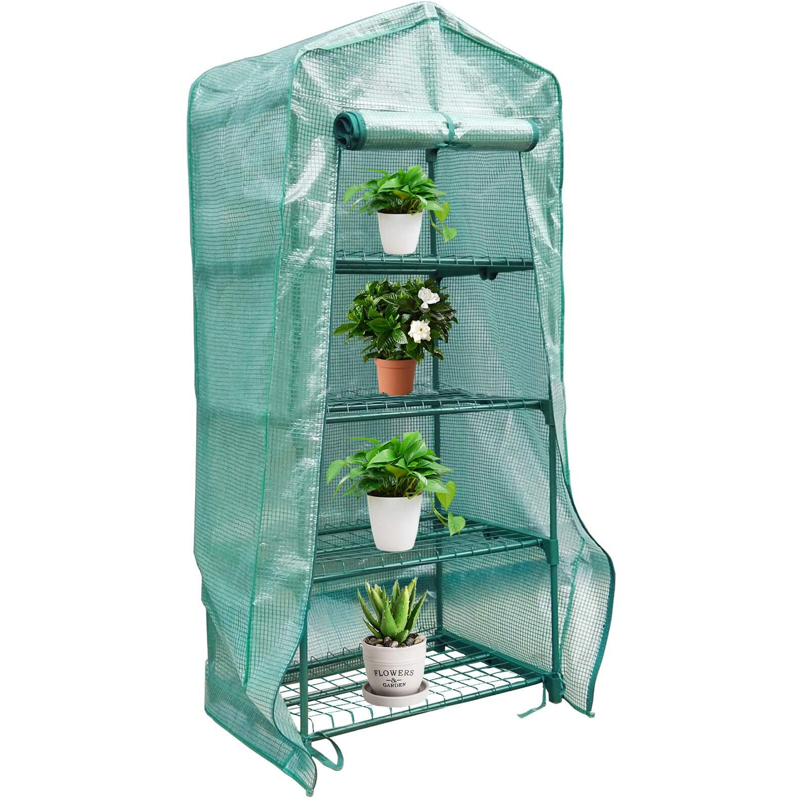 Sfcddtlg 4 Tier Greenhouse Replacement Cover With Roll-Up Zipper Door-Pe Plant Greenhouse Cover For Indoor Outdoors Gardening Plants Cold Frost Protection Wind Rain Proof (Frame Not Include)
