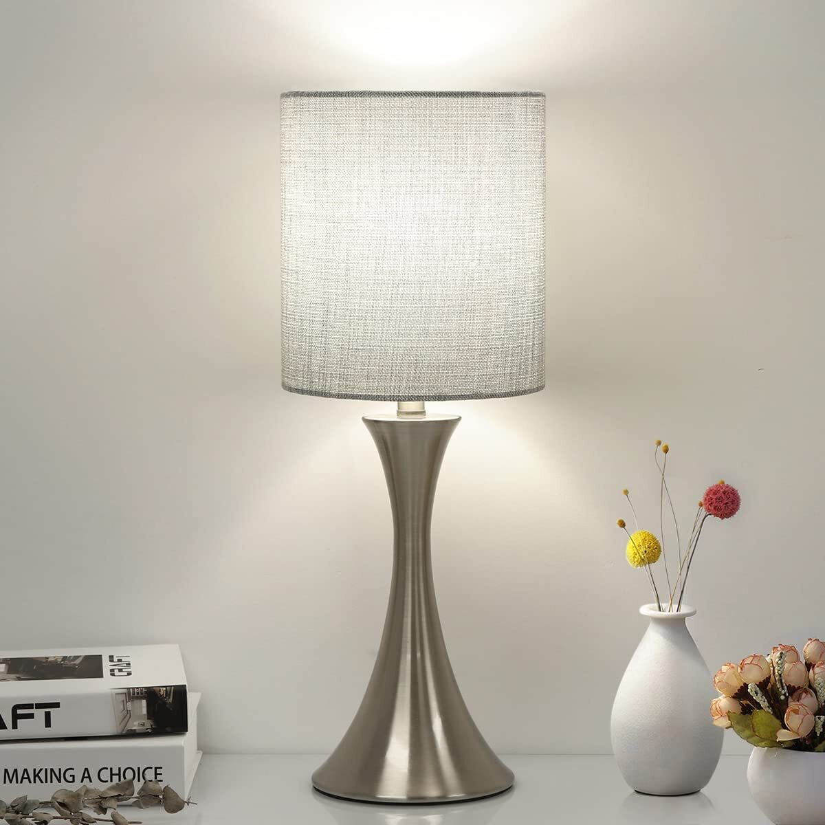 3 Way Touch Control Table Lamp, Dimmable Bedside Desk Lamp With Metal Base Modern Nightstand Lamp Stylish Grey Shade Simple Side Table Lamp For Bedroom, Living Room, Office Or Den Led Bulb Included