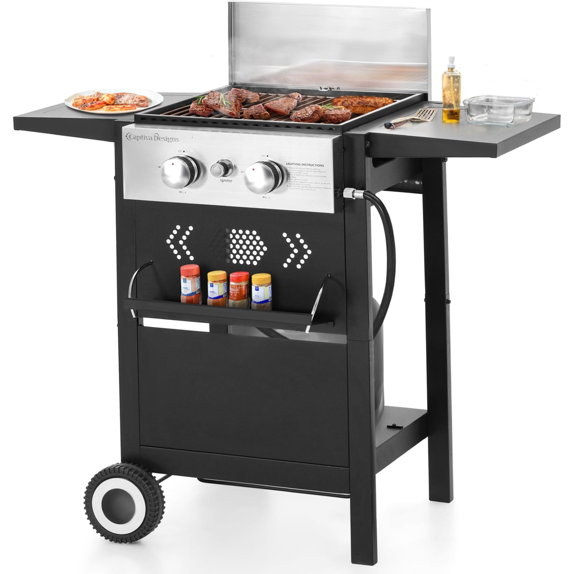 Sophia & William 2-Burner Gas Bbq Grill With Flat Top, Small Outdoor Propane Barbecue Grill With Side Shelves,Lid And Hose & Regulator For Camping, 20,000 Btu,Black