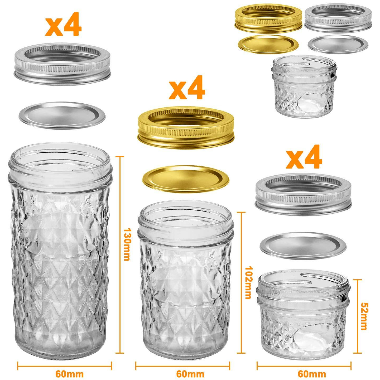 Mason Jars Canning Jars, 12 Pack Glass Jars Jelly Jars With Regular Lids, Ideal For Jam, Honey, Wedding Favors, Shower Favors, Baby Foods, Diy Magnetic Spice Jars - 4 Oz X 4, 8 Oz X 4, 12 Oz X 4