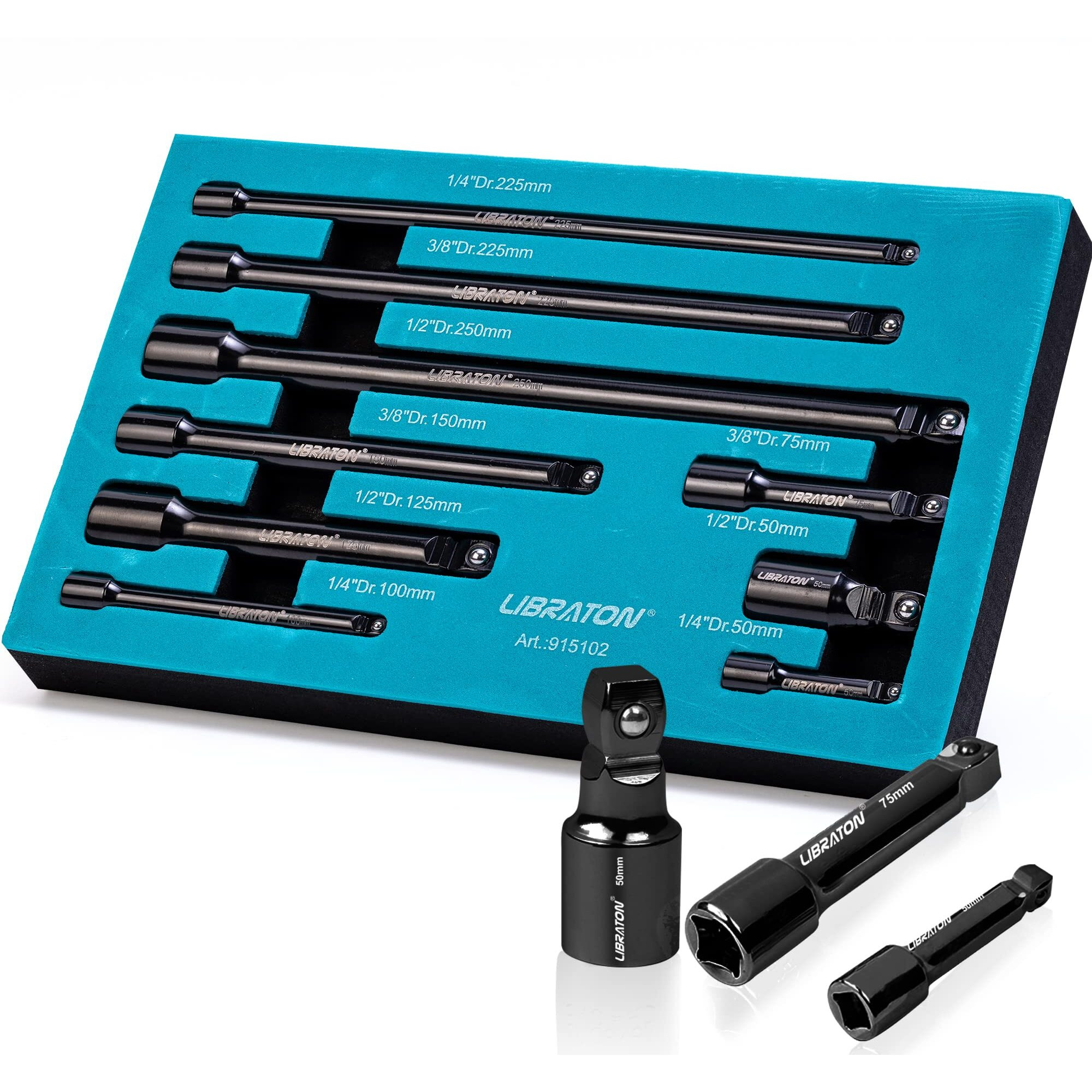 Libraton Wobble Extension Set, Socket Extensions Set, Ratchet Extensions 1/4"", 3/8"", 1/2"", Wobble Extensions, Drive Socket Extension, Cr-V, With Eva Storage Tray