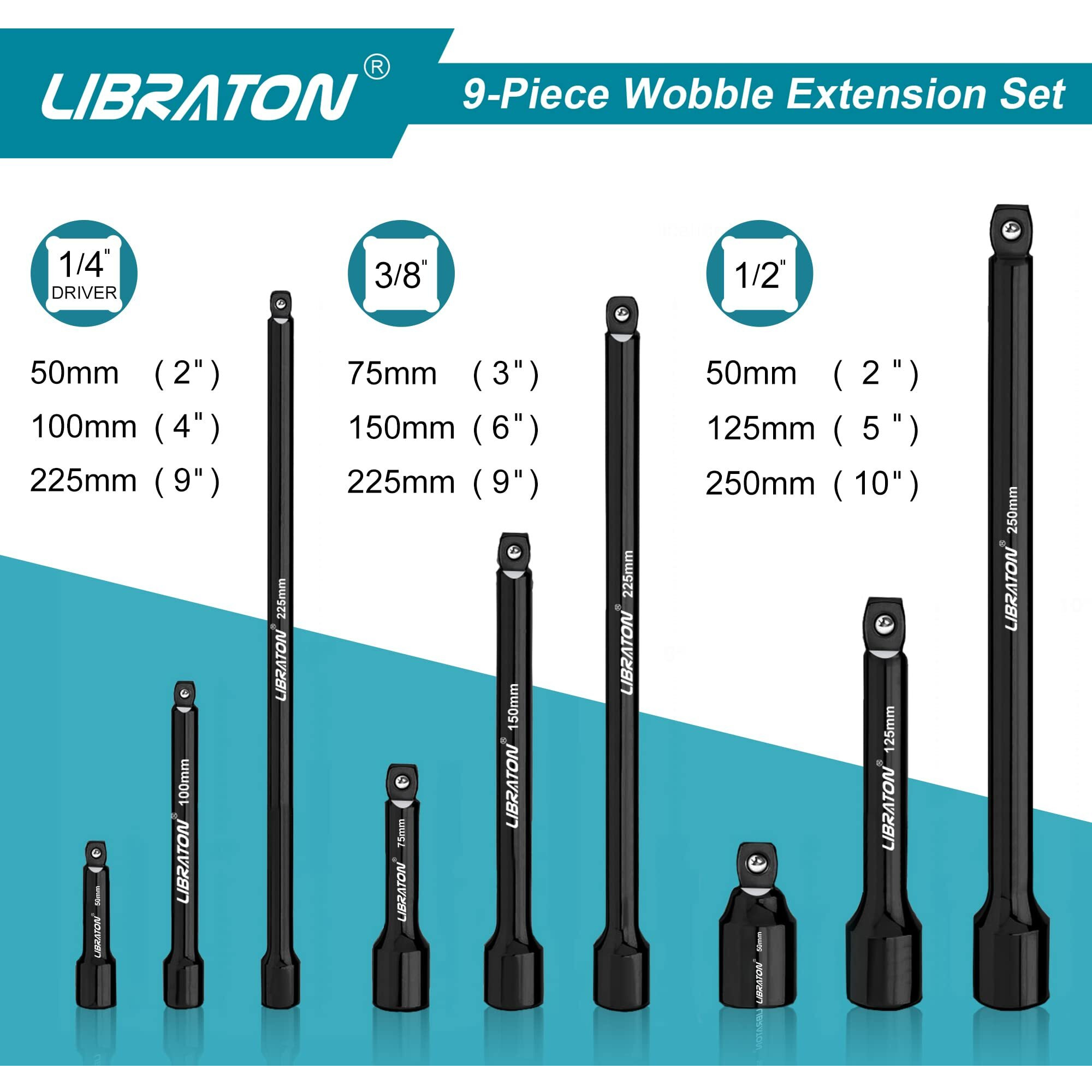Libraton Wobble Extension Set, Socket Extensions Set, Ratchet Extensions 1/4"", 3/8"", 1/2"", Wobble Extensions, Drive Socket Extension, Cr-V, With Eva Storage Tray