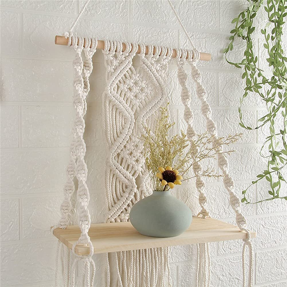 Macrame Wall Hanging Plant Decor Shelf Indoor Outdoor Floating Wood Shelve Decorative Hand Made Rope Boho Shelving For Plants