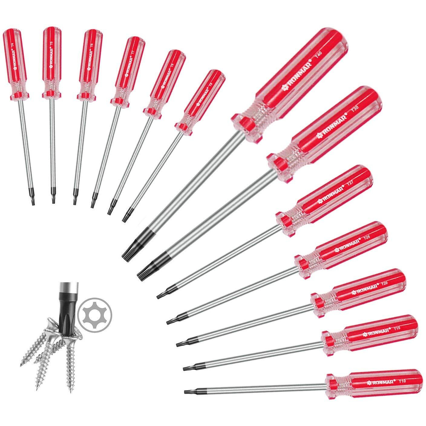 Ronmar 13-Piece Magnetic Torx Screwdrivers Set, Security Tamper Proof, T4T5T6T7T8T9T10T15T20T25T27T30T40 (Red)