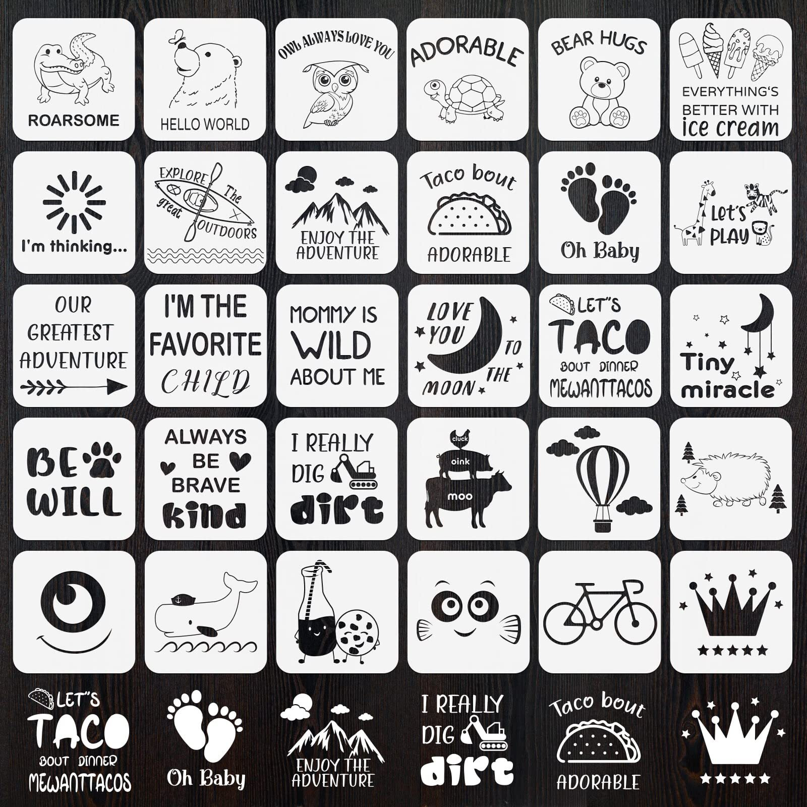 30 Pack Baby Shower Stencils Cute Onesie Stencil Mixed Animals Pattern Painting Stencils Templates Reusable For Painting Bodysuit Bags Shirts