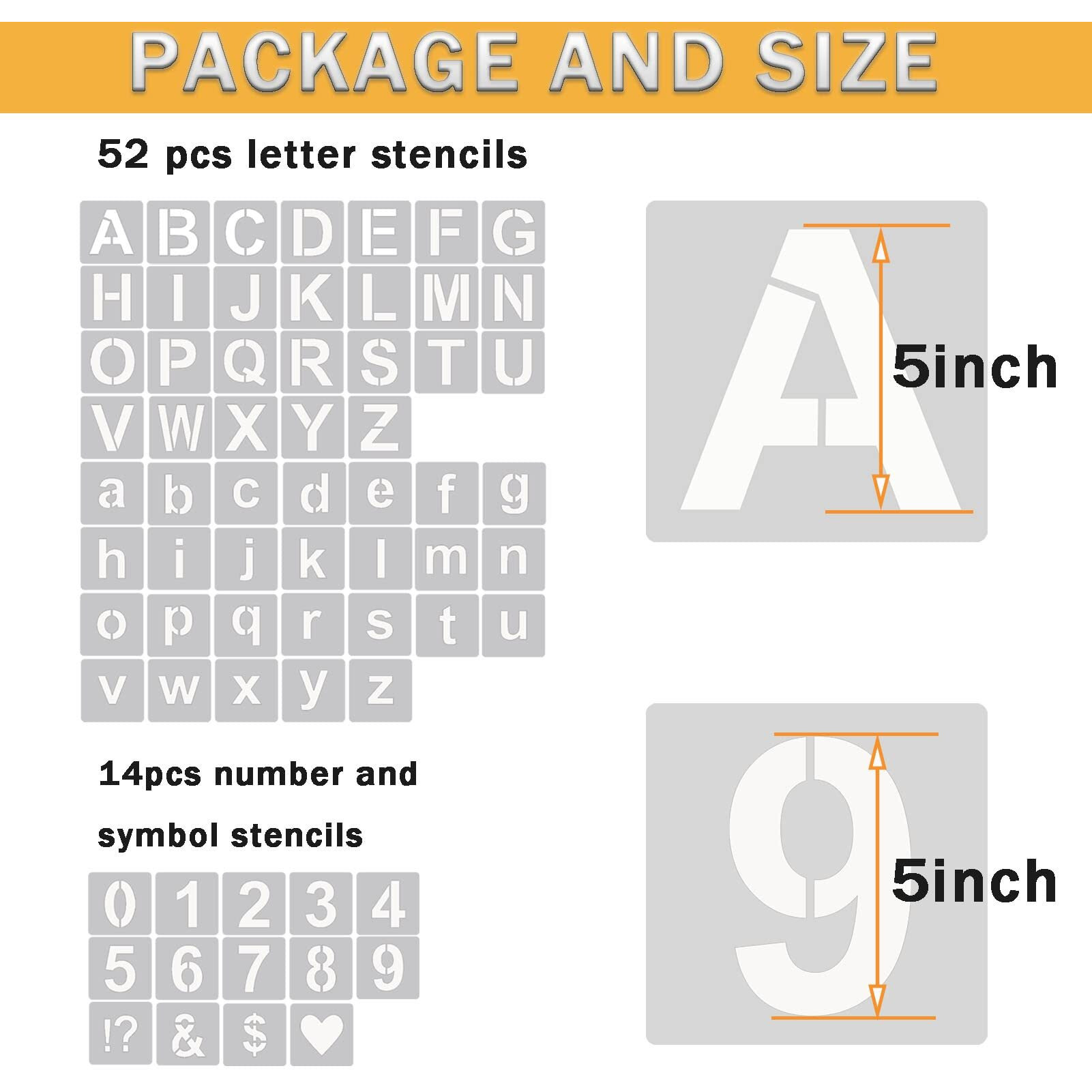 Yeajon 5 Inch Letter Stencils Symbol Numbers Craft Stencils, 66 Pcs Reusable Plastic Alphabet Templates For Painting On Wood, Wall, Fabric, Rock, Glass, Chalkboard, Signage, Diy Art Projects