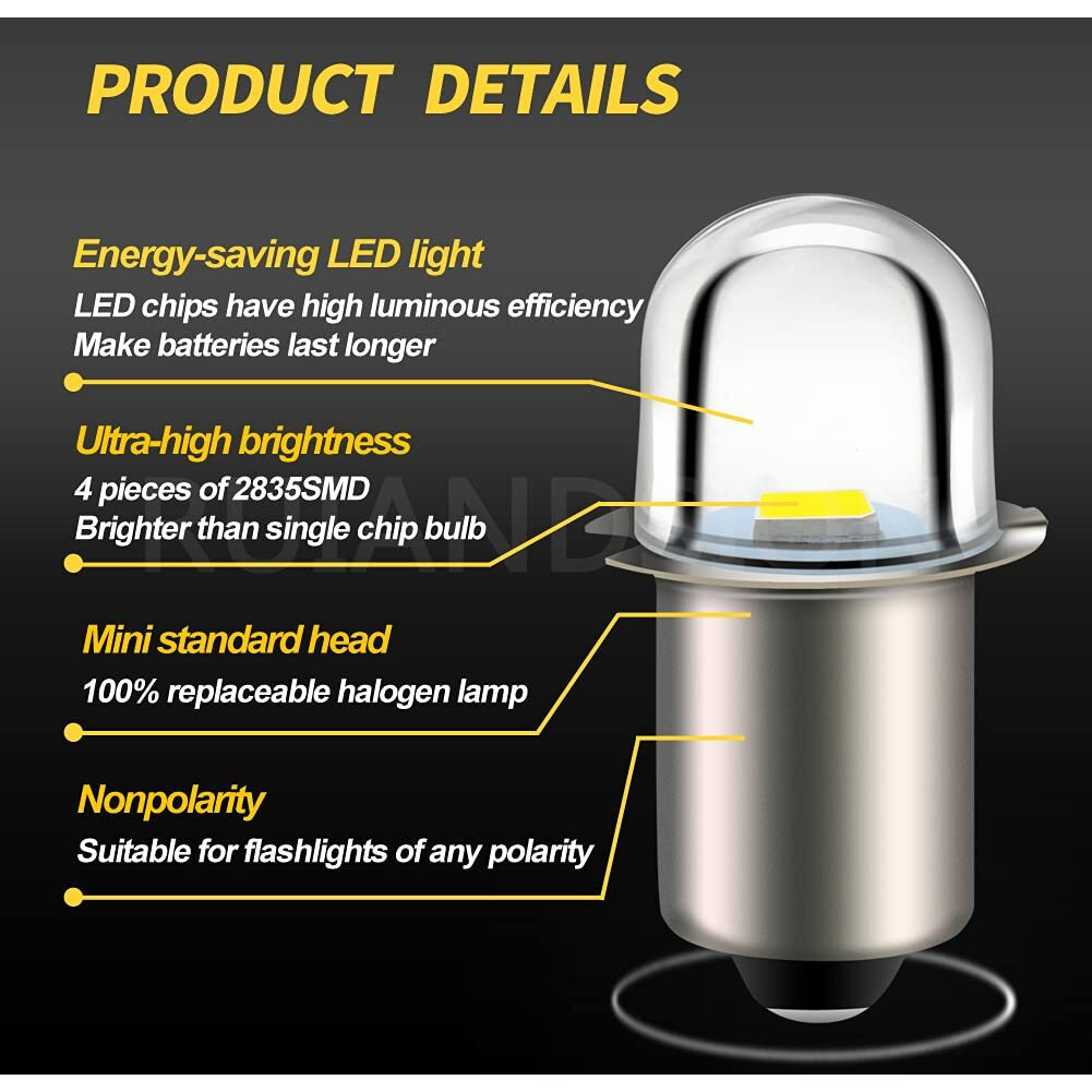 Ruiandsion Upgrade Led Flashlight Bulb 3V P13.5S Base Socket White Led Bulbs Replacement For Headlamp Flashlight Torch Lights,Non-Polarity (Pack Of 5)