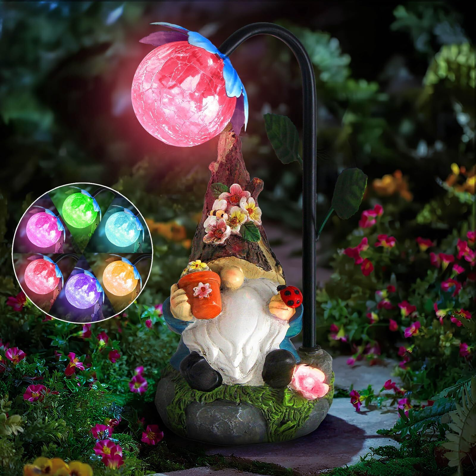 Sinhra Garden Gnomes Statue Decor, 9.4 ' ' Resin Gnome Figurine With Colorful Gradent Solar Led Lights,Outdoor Decorations For Patio Yard Lawn Porch,Ornament(Blue)