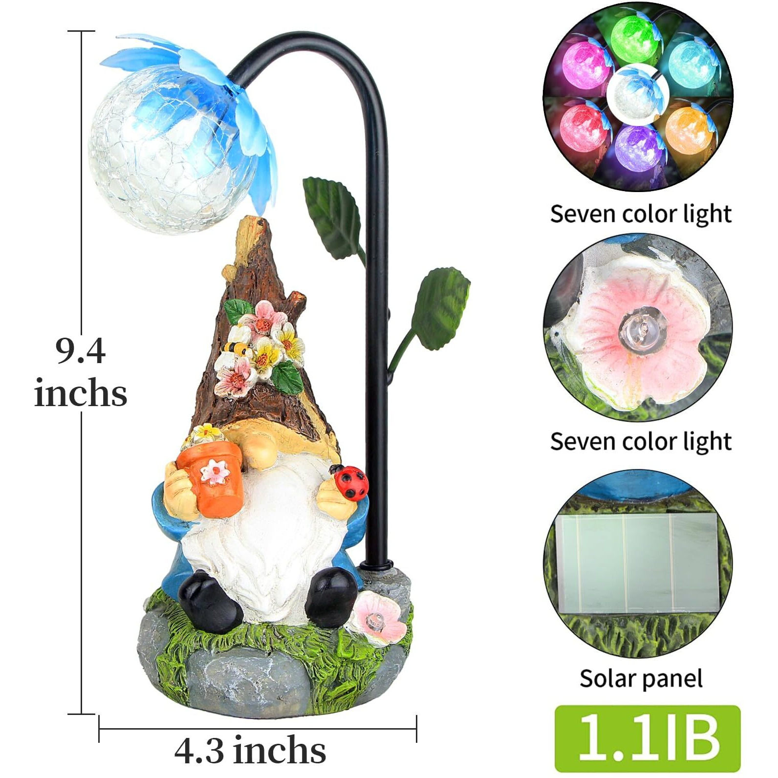 Sinhra Garden Gnomes Statue Decor, 9.4 ' ' Resin Gnome Figurine With Colorful Gradent Solar Led Lights,Outdoor Decorations For Patio Yard Lawn Porch,Ornament(Blue)