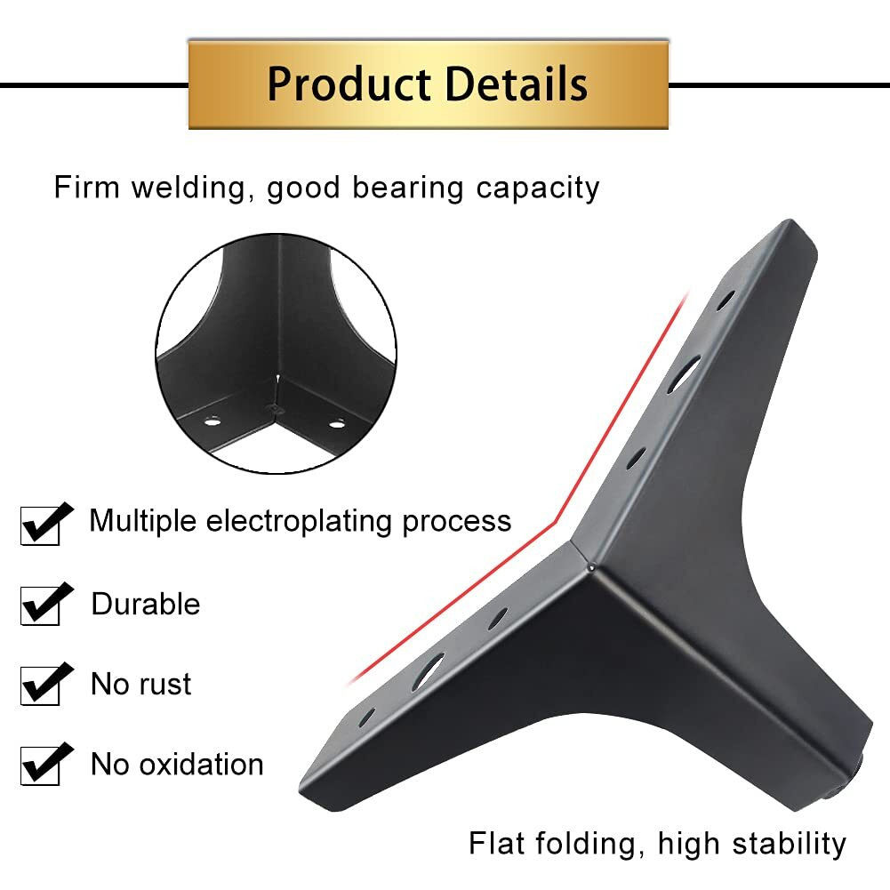 Gosche 4 Inch Metal Furniture Legs Black, Legs For Furniture Set Of 4, Modern Style Replacement Couch Legs For Dresser Chair Bed Cabinet Table Ottoman Cupboard Diy Replacement Sofa Feet