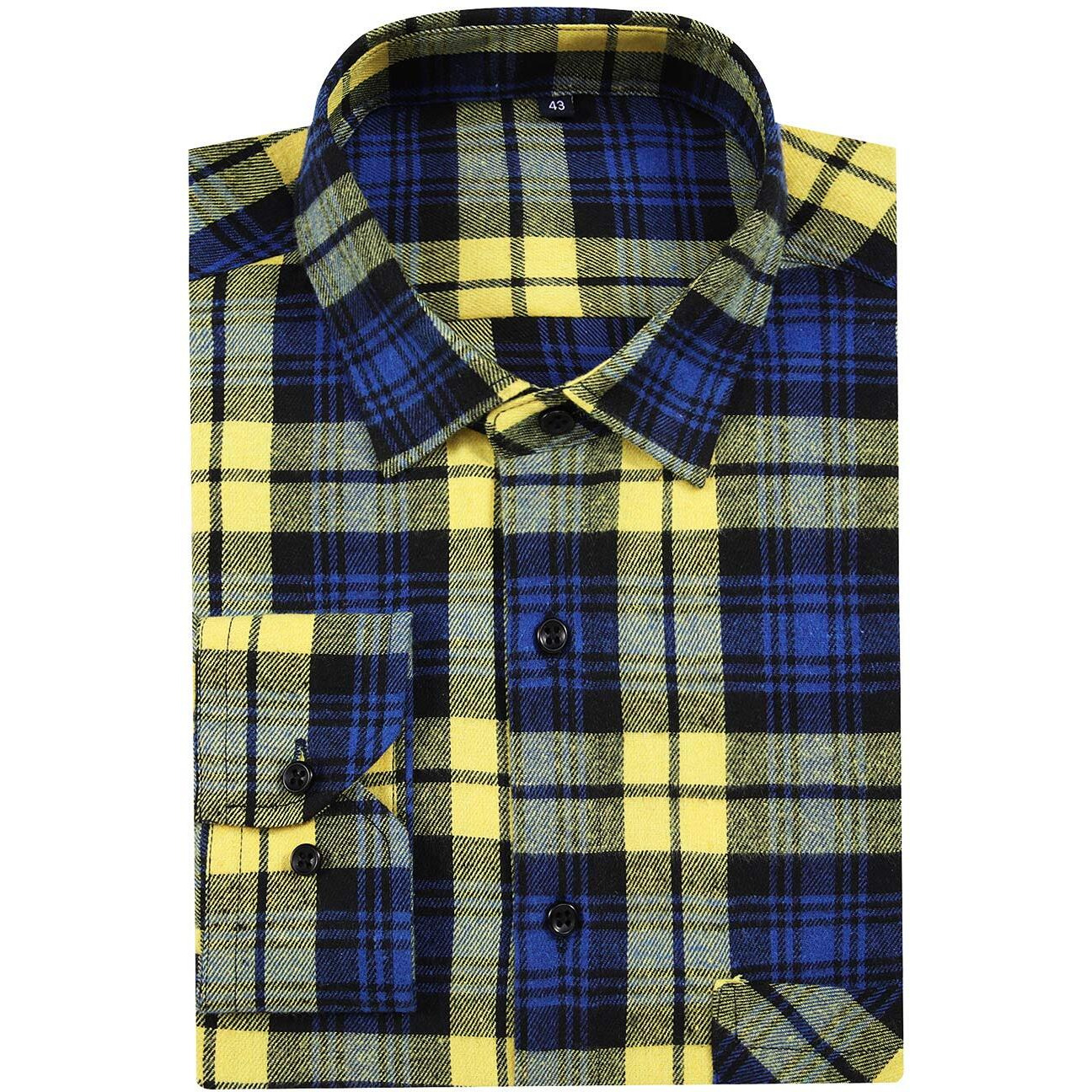 Dokkia Men's Casual Dress Long Sleeve Buffalo Plaid Checkered Fitted Flannel Shirt (Medium, Yellow Blue Gingham)