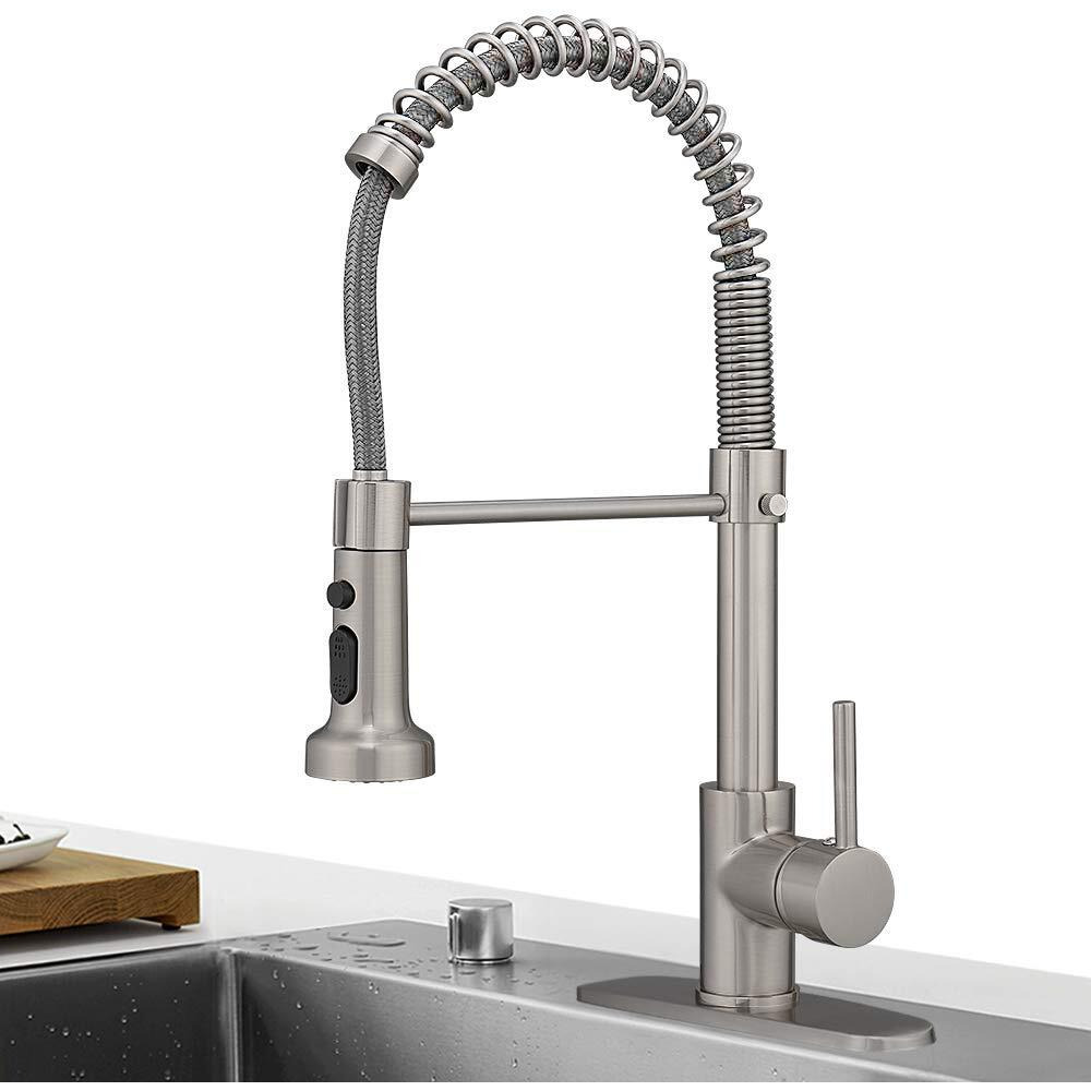 Hoimpro Brass Spring Kitchen Faucet With Pull Down Sprayer With Cover Plate, Rv Kitchen Sink Faucet With Cupc Hoses ,3 Function Single Handle Laundry Faucet, Brushed Nickel (1 Or 3 Hole)