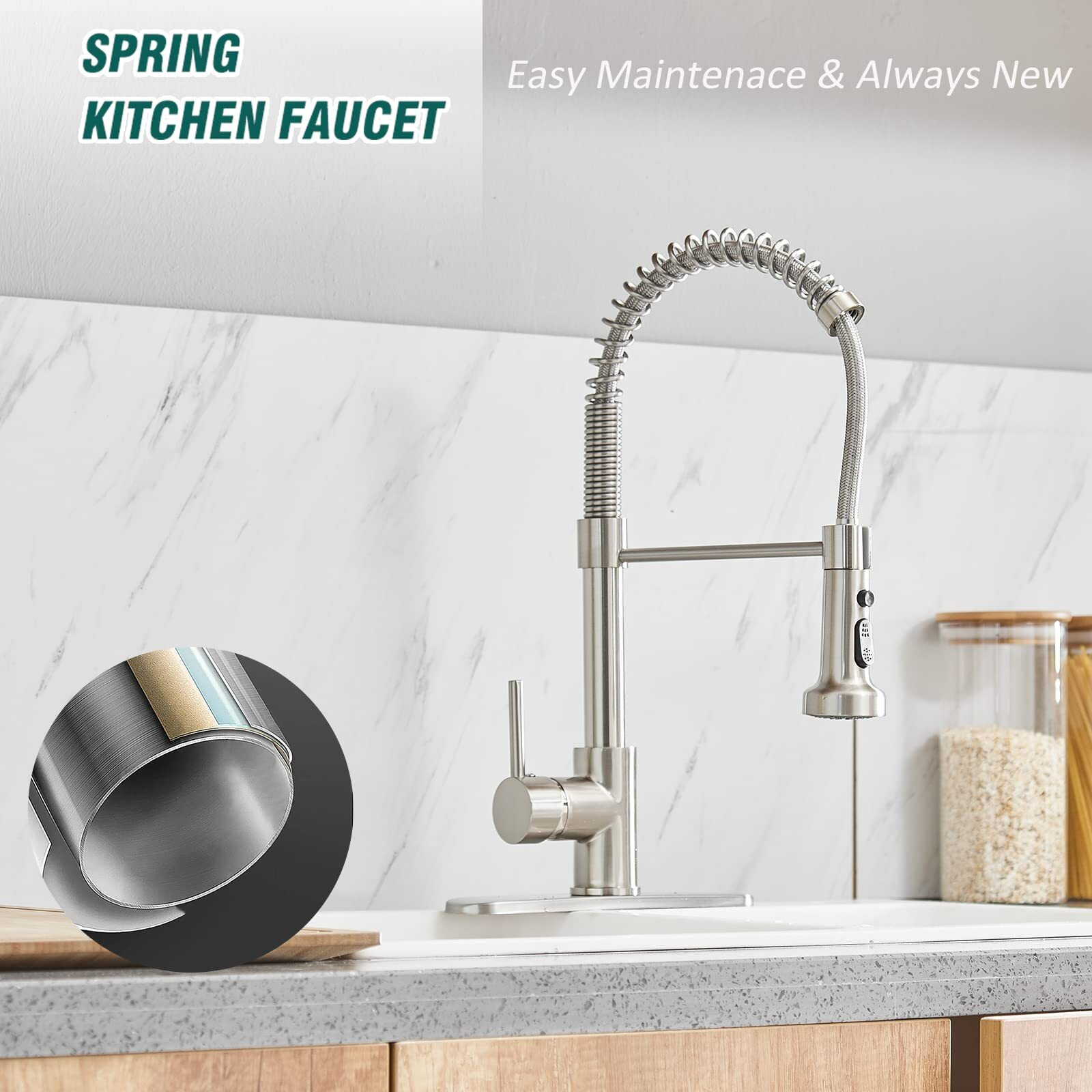 Hoimpro Brass Spring Kitchen Faucet With Pull Down Sprayer With Cover Plate, Rv Kitchen Sink Faucet With Cupc Hoses ,3 Function Single Handle Laundry Faucet, Brushed Nickel (1 Or 3 Hole)