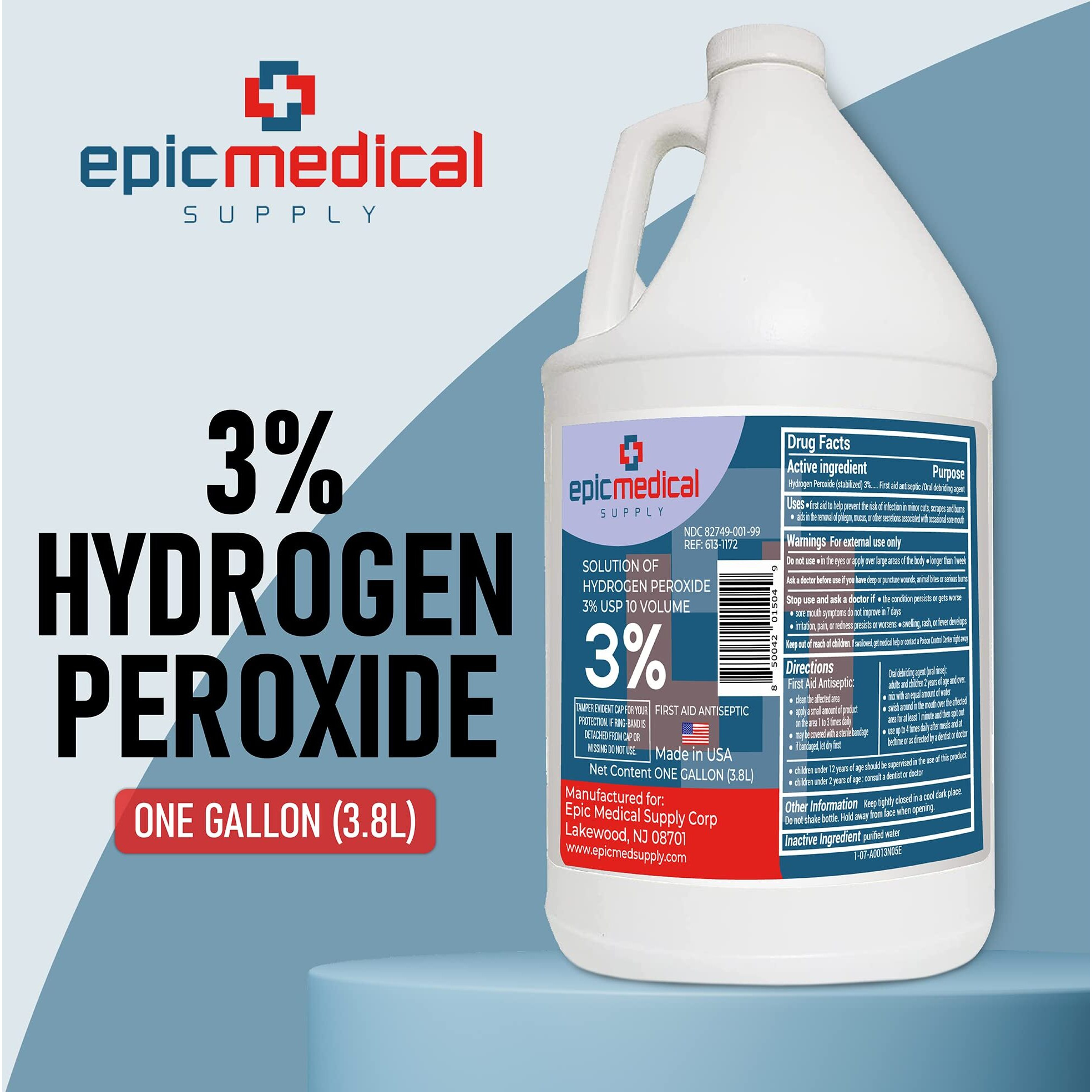 Epic Medical Supply Hydrogen Peroxide Gallon First Aid Antiseptic And Multipurpose Cleaner, 3% Usp, Topical Wash For Minor Cuts, Scrapes, Insect Bites, And Skin Irritations (1)