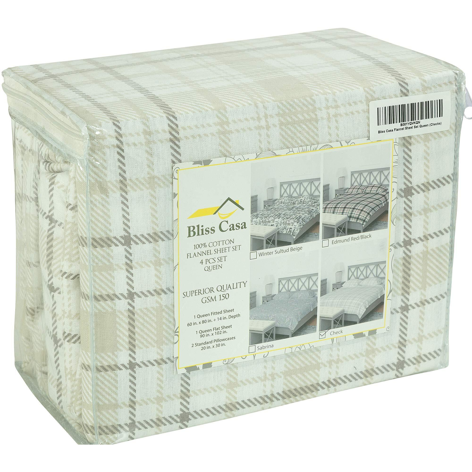 Bliss Casa 4 Piece 100% Cotton Flannel Sheet Set Queen - High Gsm Deep Pockets, Warm Breathable Flannel Sheet Set. Flannel Bed Set Includes 1 Flat Sheet, 1 Fitted Sheet & 2 Pillowcases (Check)