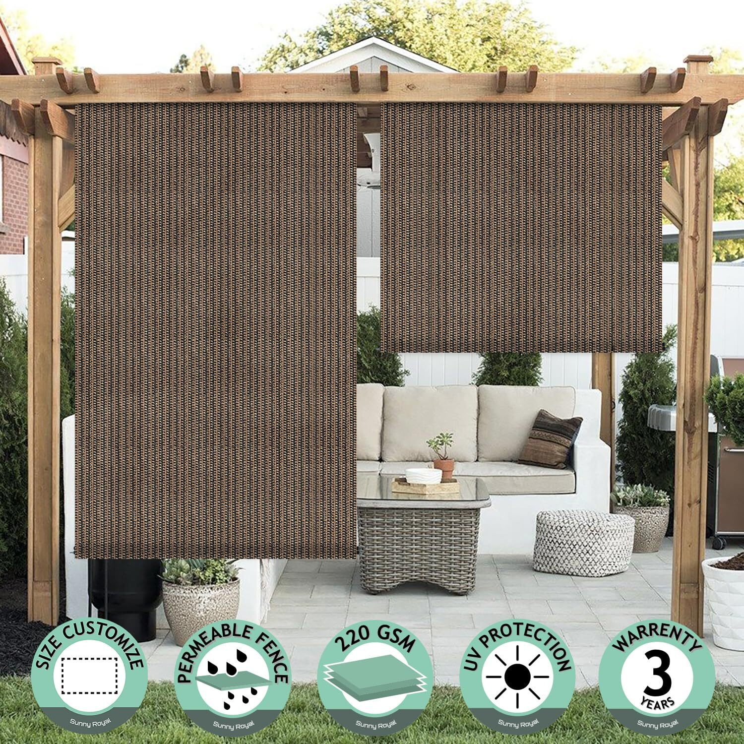 Sunnyroyal Patio Shades Roll Up Outdoor Exterior Roller Shades Roll Up Blinds For Patio Yard Deck Porch Balcony Backyard 6 ' W X 6.5 ' L Brown