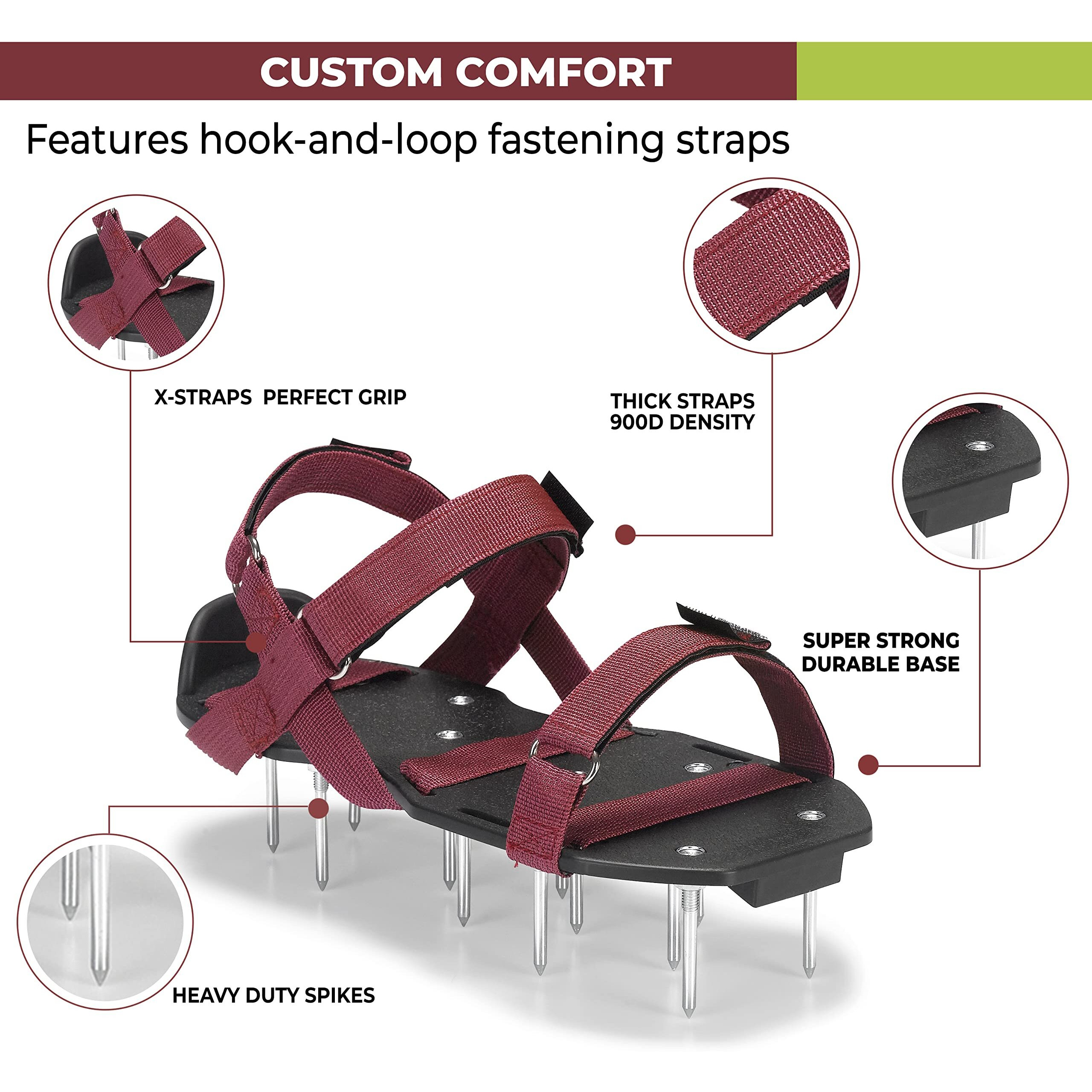 Plantnomics Lawn Aerator Shoes With Hook-And-Loop Straps, Manual, Wrench - Pre-Assembled, Adjustable, Stylish, One-Size-Fits-All - Lawn And Garden Tool Reduces Thatch, Revives Soil Health, Maroon