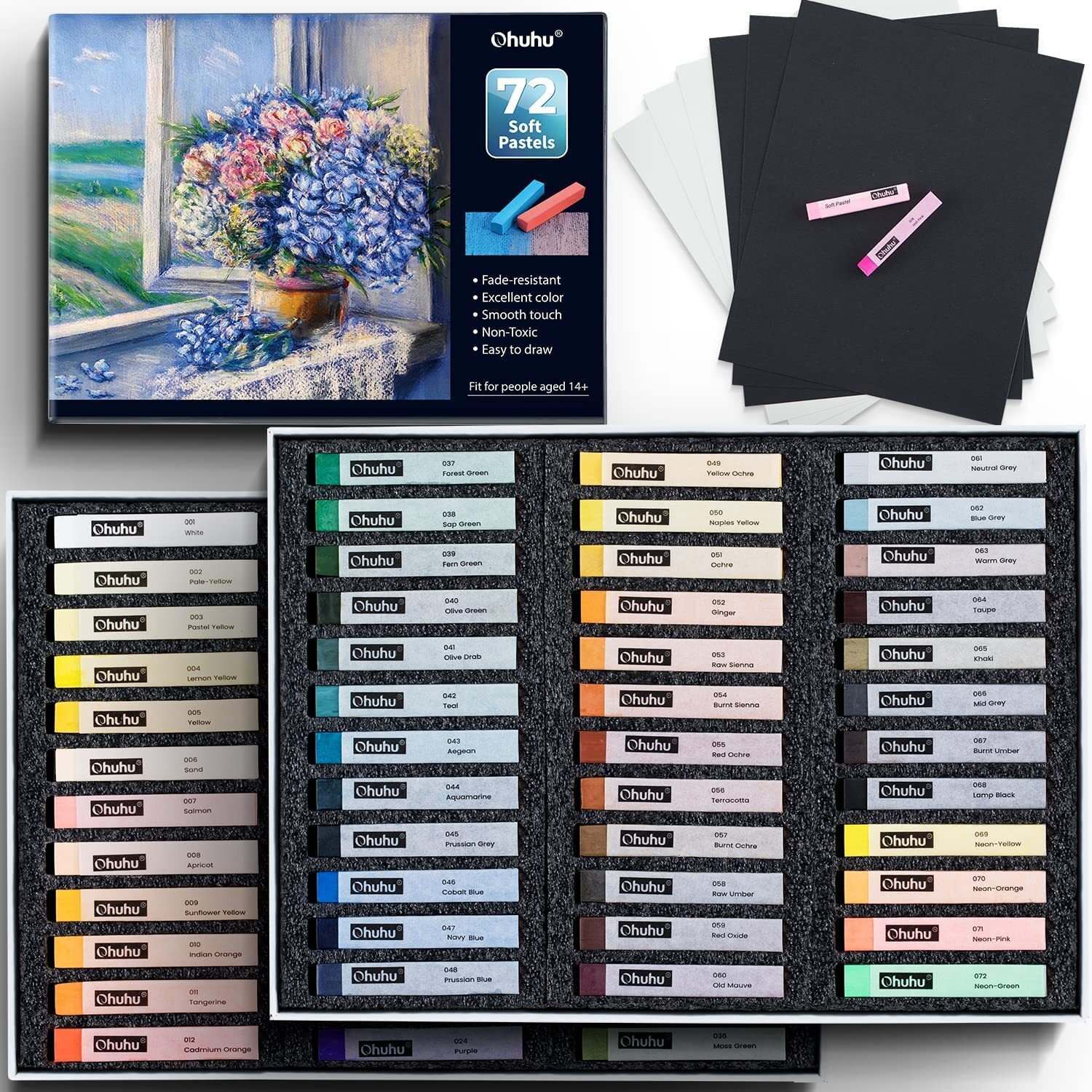Ohuhu 72 Long Chalk Pastel Set 72 Soft Pastels Markers For Artists 4 Fluorescent Colors With 6 Pastel Papers Included For Drawing Blending Layering Shading Pastels Set For Adults Teenagers Beginners