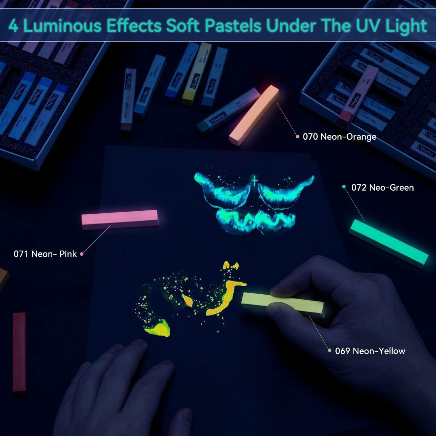 Ohuhu 72 Long Chalk Pastel Set 72 Soft Pastels Markers For Artists 4 Fluorescent Colors With 6 Pastel Papers Included For Drawing Blending Layering Shading Pastels Set For Adults Teenagers Beginners