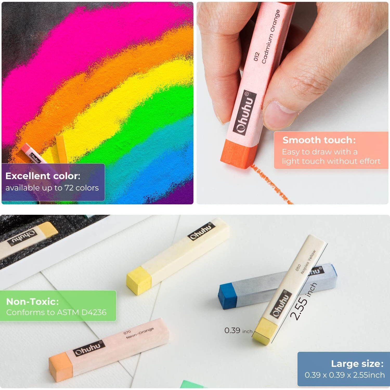 Ohuhu 72 Long Chalk Pastel Set 72 Soft Pastels Markers For Artists 4 Fluorescent Colors With 6 Pastel Papers Included For Drawing Blending Layering Shading Pastels Set For Adults Teenagers Beginners