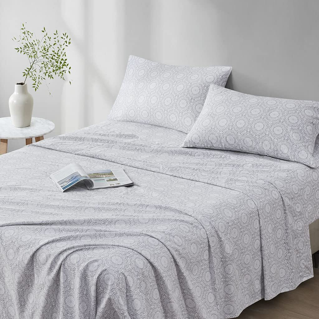 Comfort Spaces 144Tc Cotton Sheet Set Breathable, Lightweight, Soft With Elastic Deep Pocket, Modern All Season Cozy Bedding, Matching Pillow Case, King, Adelia Gray 4 Piece