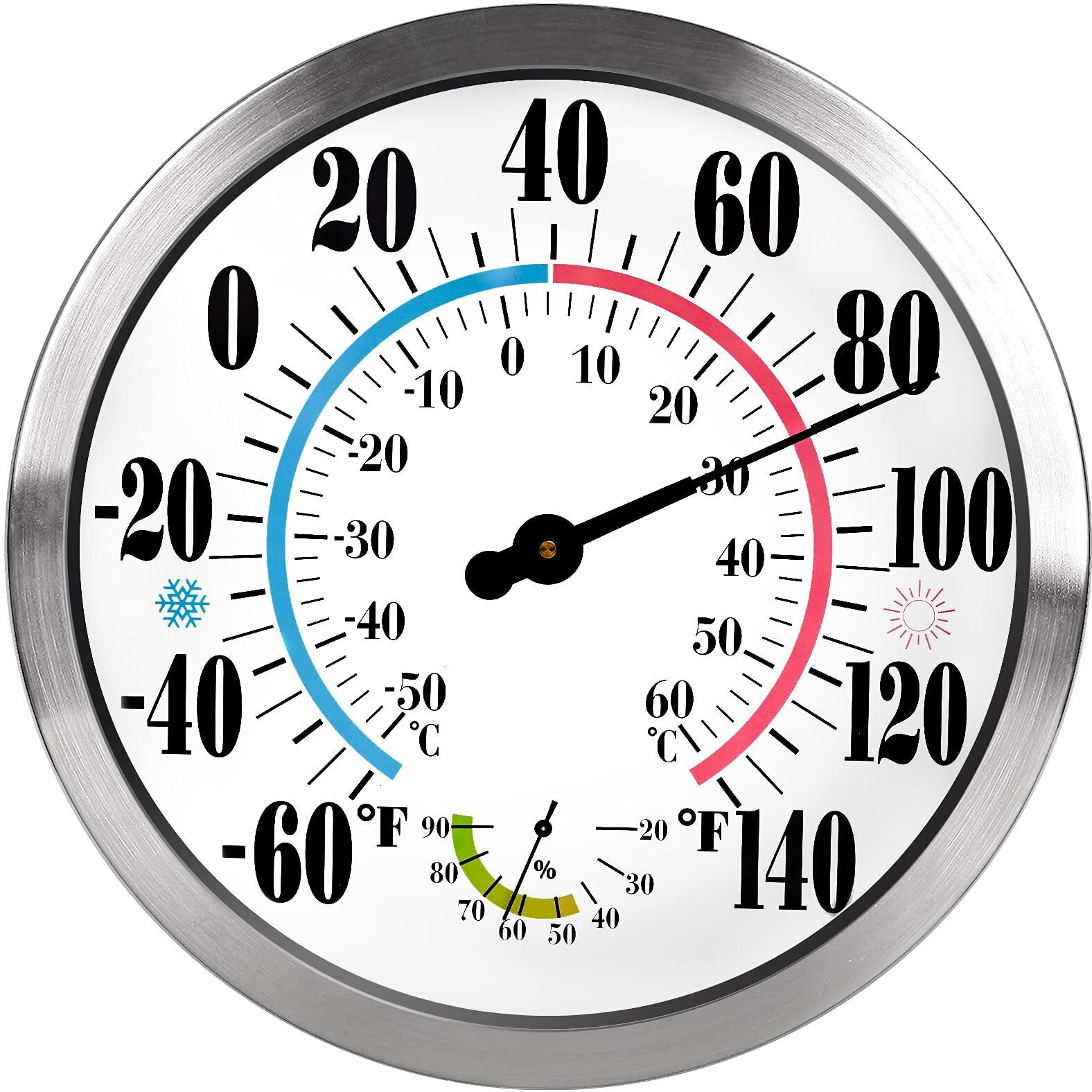 12"" Outdoor Thermometer Large Numbers - Decorative Outdoor Thermometers For Patio, Wall Thermometer Hygrometer With Stainless Steel Enclosure, Battery Free Indoor Outdoor Thermometer Wireless